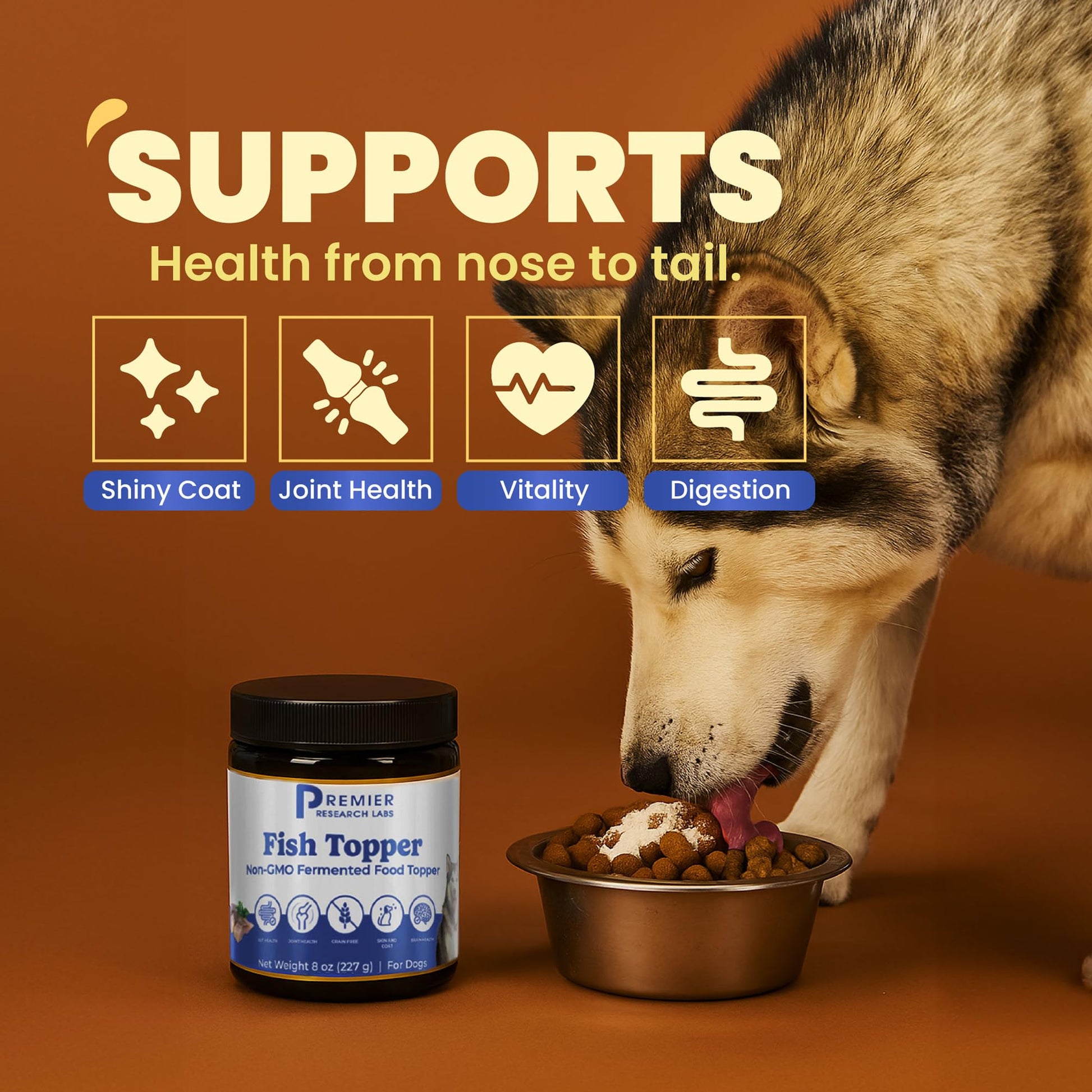 Premier Research Labs Fish Topper - Dried Dog Food Topper for Pets, Meal Mix Ins for Kibble, Supports Gut & Joint Health, Natural Source of Protein, Fermented, Grain Free, Non GMO - 16 oz Premier Research Labs Au supplements
