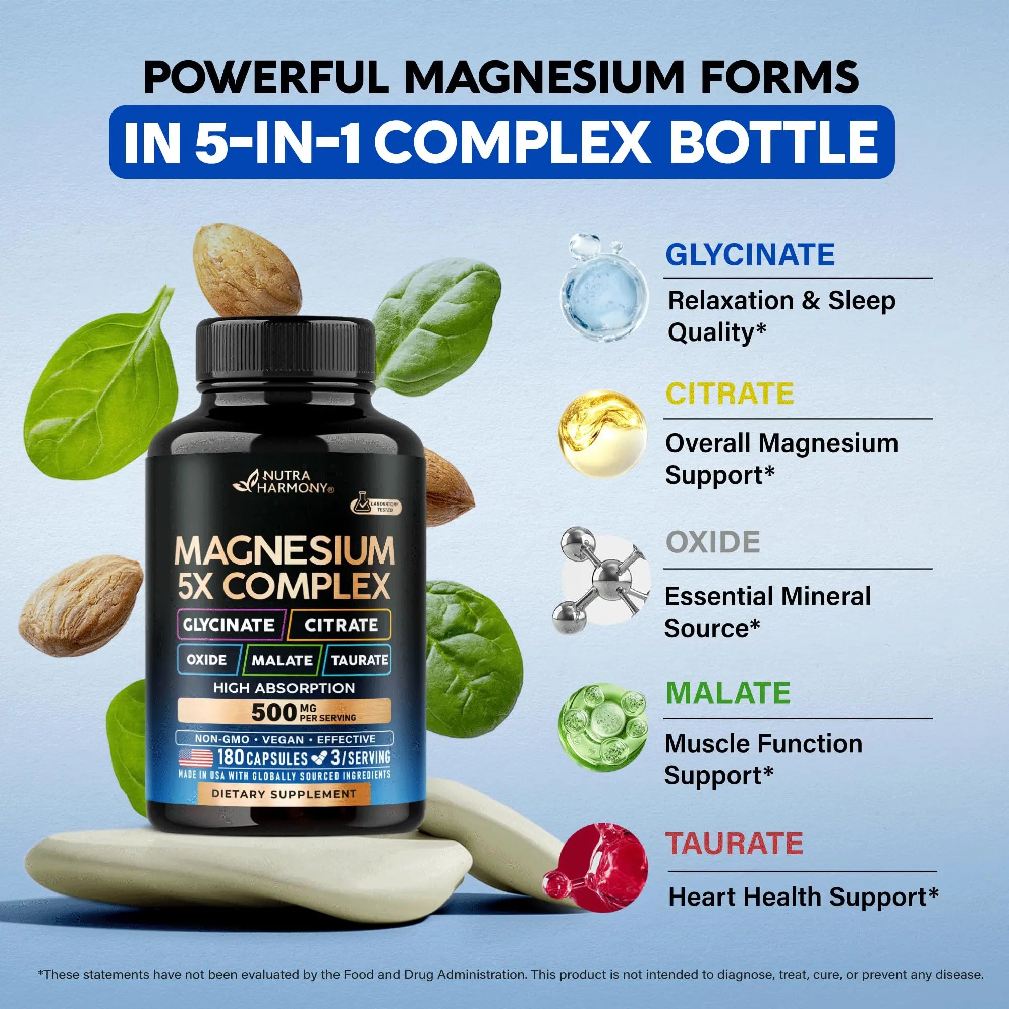 Magnesium Supplement - 5 in 1 Complex | Glycinate | Citrate | Malate | Taurate | Oxide - Made in USA - Stress, Muscle & Heart Support - Vegan, Natural, Non-GMO - 180 Capsules, 2 Month Supply NUTRAHARMONY Au supplements