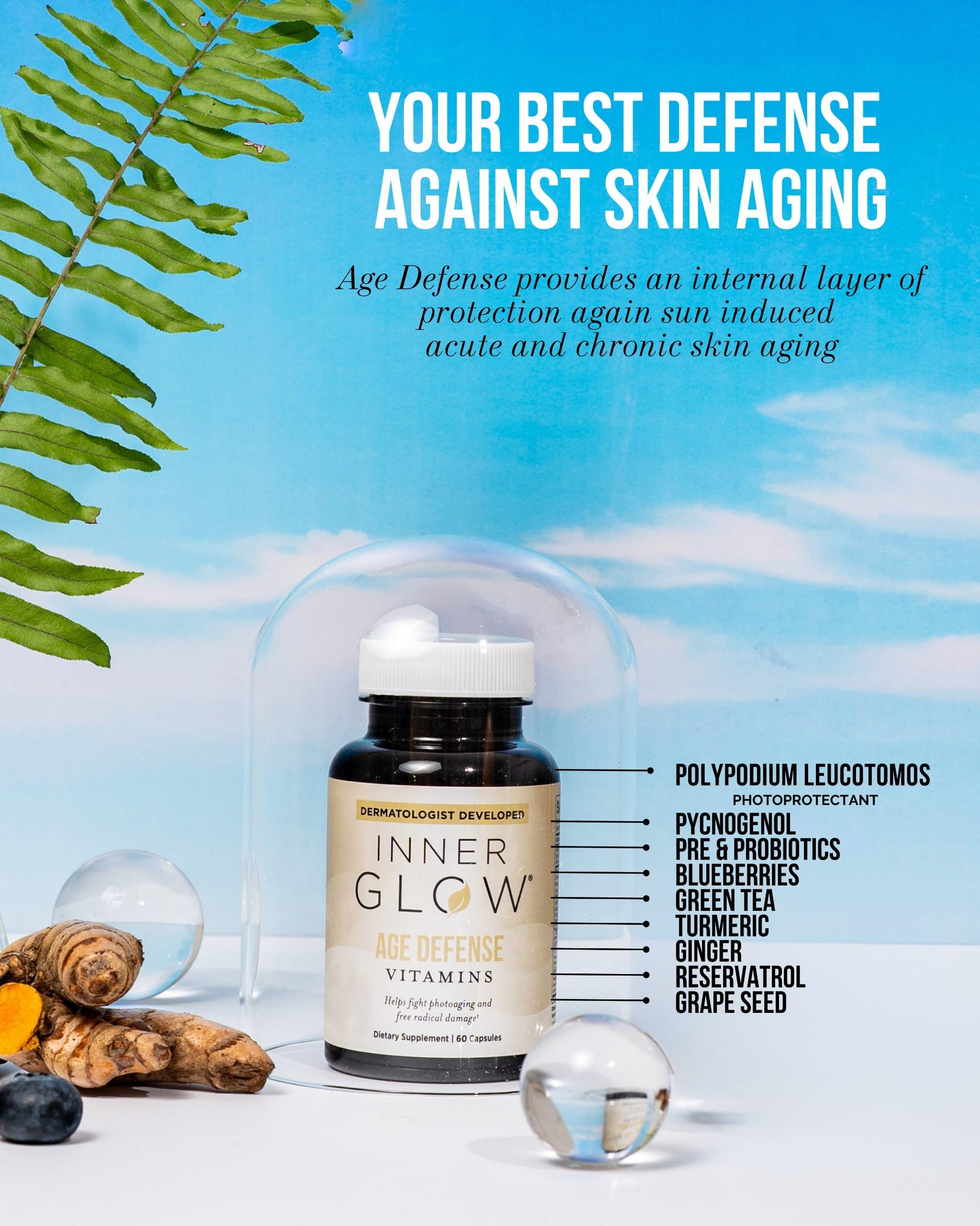 Inner Glow Age Defense Vitamins - Dermatologist and Plastic Surgeon Developed to Fight photoaging and Melasma, Polypodium Leucotomos Antioxidant Formula – Vegan, Gluten-Free – 60 Capsules Inner Glow Au supplements