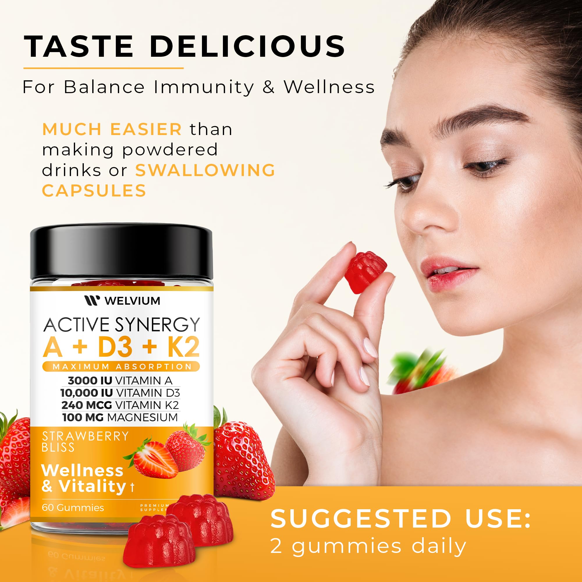 WELVIUM Vitamin D3 K2 Gummies 10000 IU with Magnesium Glycinate, Calcium, B12, K2 MK-7, Vitamins A, E, Lutein, Zeaxanthin - ADK Chewable Supplement for Bone, Eye, Immune Support - D3K2 Gummies WELVIUM Au supplements