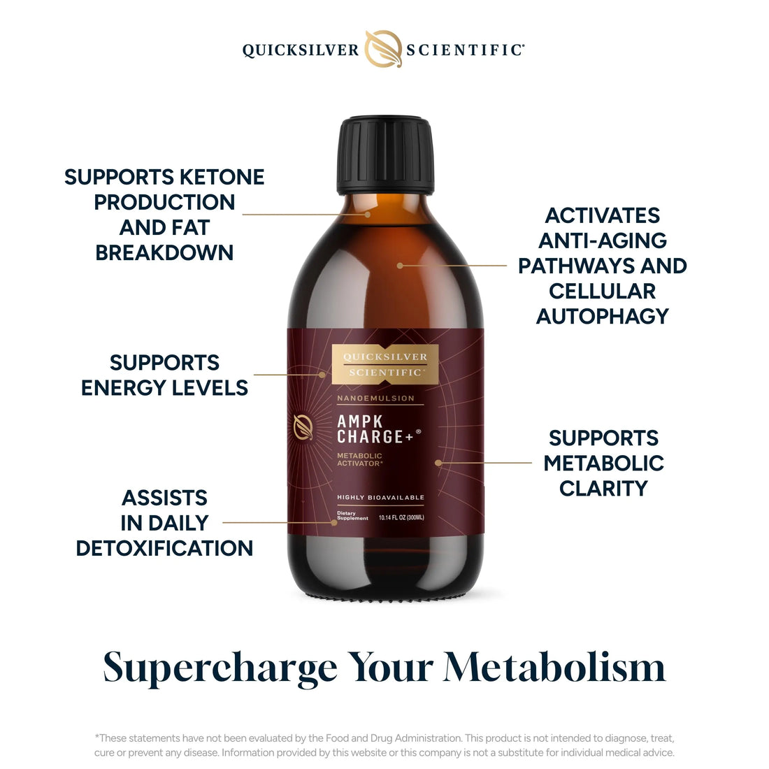 Quicksilver Scientific AMPK Charge+ - Support The Benefits of Intermittent Fasting, Carb Restrictive + Keto Protocols - Promotes Energy Production, Fat Breakdown + Healthy Aging (10.14oz / 300ml) Quicksilver Scientific Au supplements