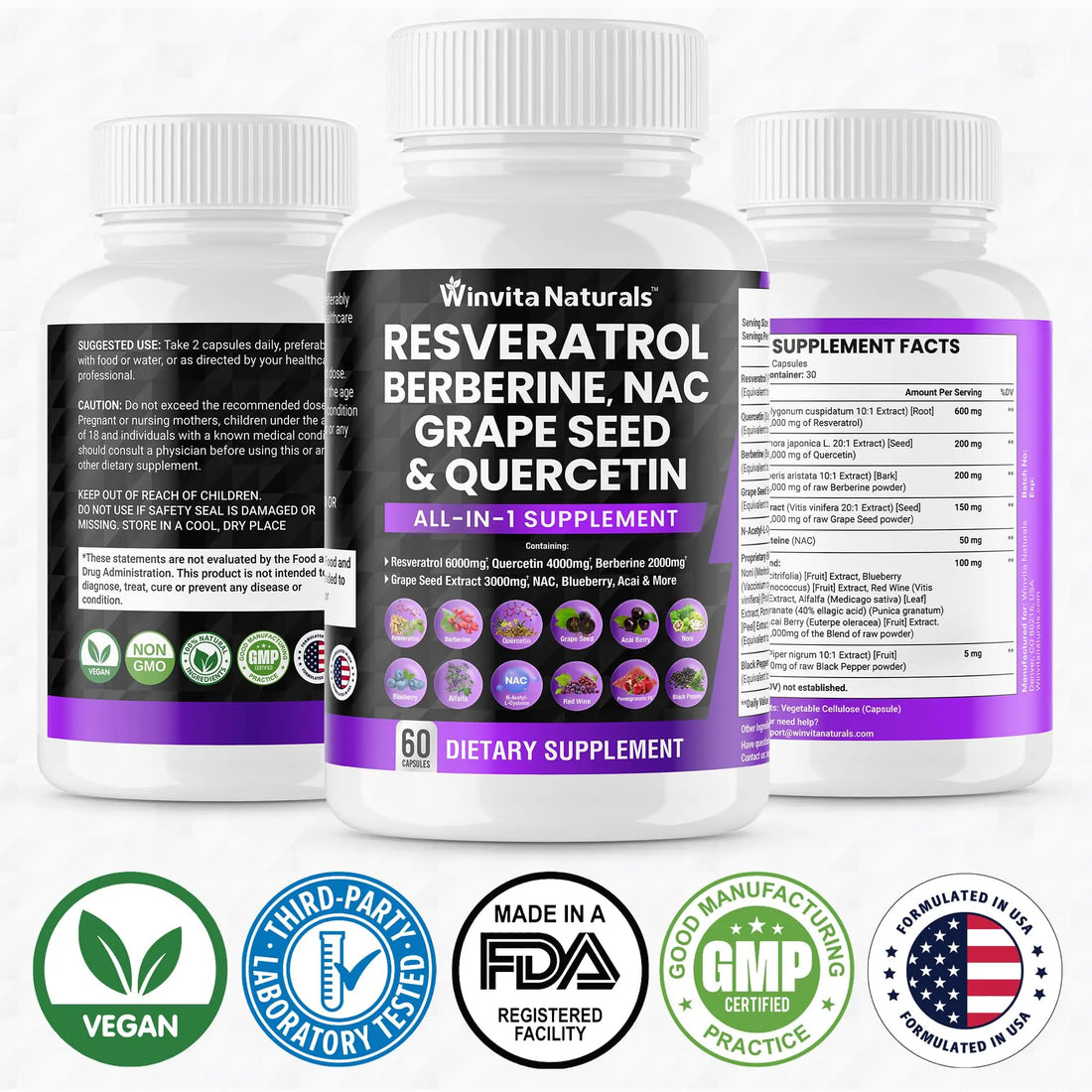 Resveratrol 6000mg Quercetin 4000mg Berberine 2000mg Grape Seed Extract 3000mg Winvita Naturals Au supplements