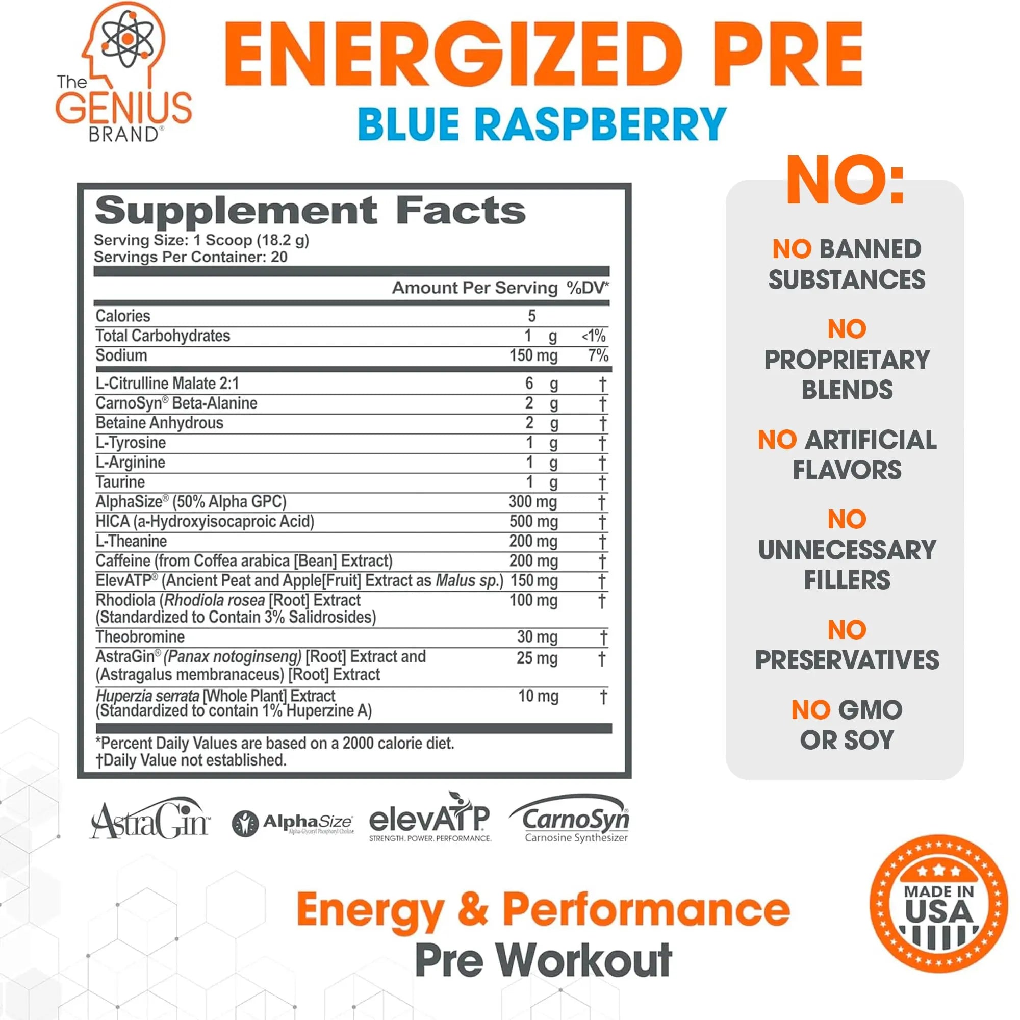 Genius Energized Pre Workout Powder – Caffeine Infused Pre-Workout Booster Supplement with Beta Alanine & Alpha GPC, No Artificial Sweeteners or Dyes - 200mg Caffeine, 20 Servings, Blue Raspberry The Genius Brand Au supplements