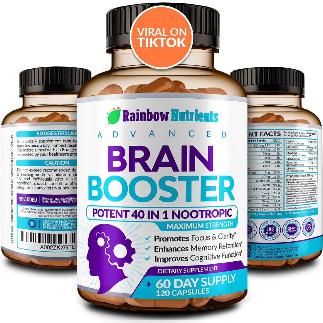 40-in-1 Brain Booster Supplements for Memory, Focus, Clarity, Energy, Performance Rainbow Nutrients, LLC Au supplements