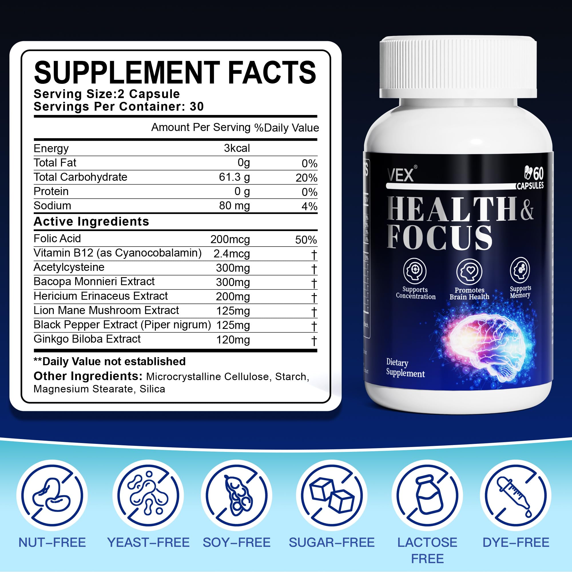VEX Supplement – Memory & Clarity Support with Folic Acid, Vitamin B, Acetylcysteine, Bacopa Monnieri, Lion’s Mane, Ginkgo Biloba & Black Pepper – Cognitive, 60 Capsules VEX Au supplements