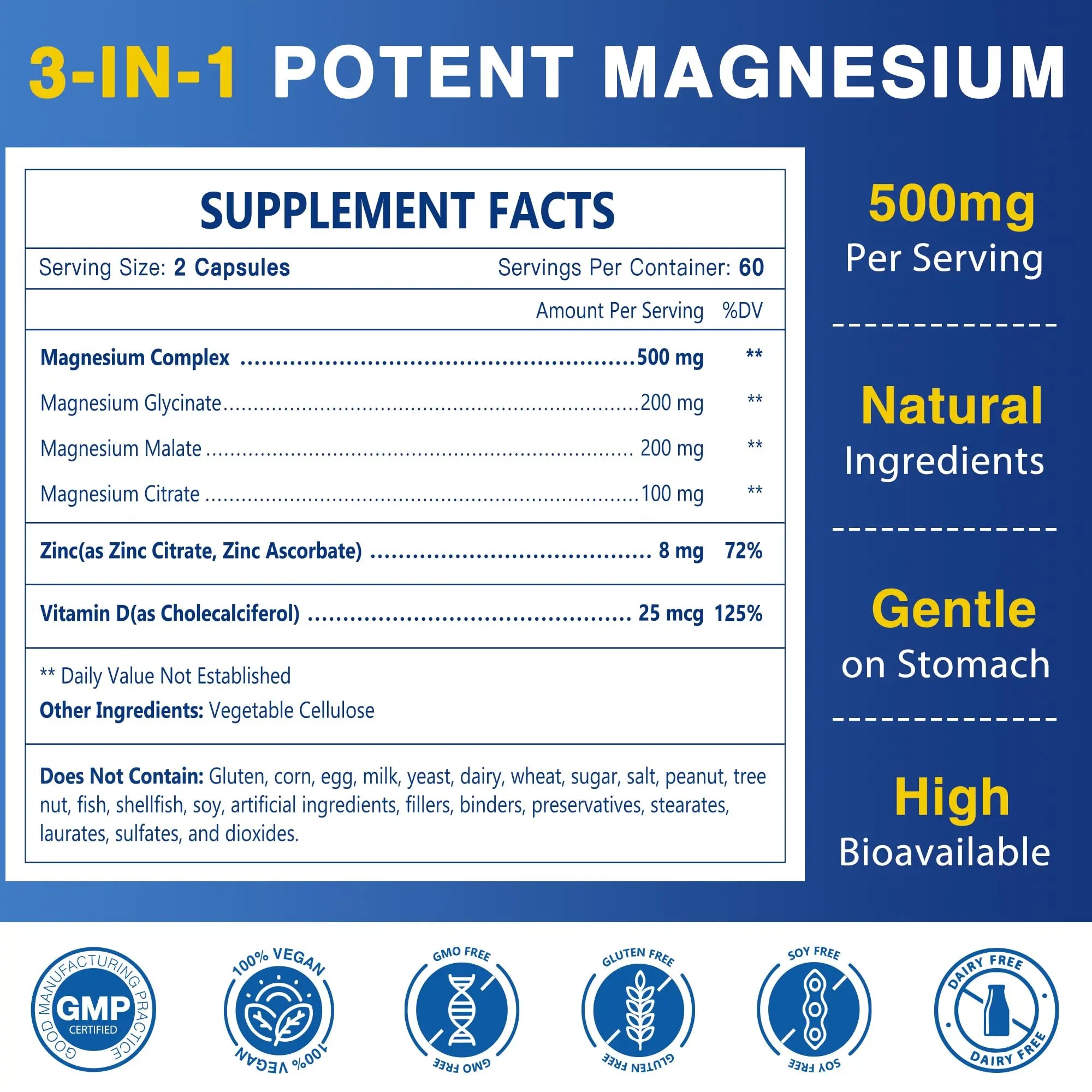 Magnesium Complex 500mg, Magnesium Glycinate, Malate & Citrate - High Absorption Chelated Triple Magnesium Supplement with Zinc, Vitamin D3 for Muscle, Nerve, Bone & Immune Support, Vegan 120 Capsules NATURE TARGET Au supplements