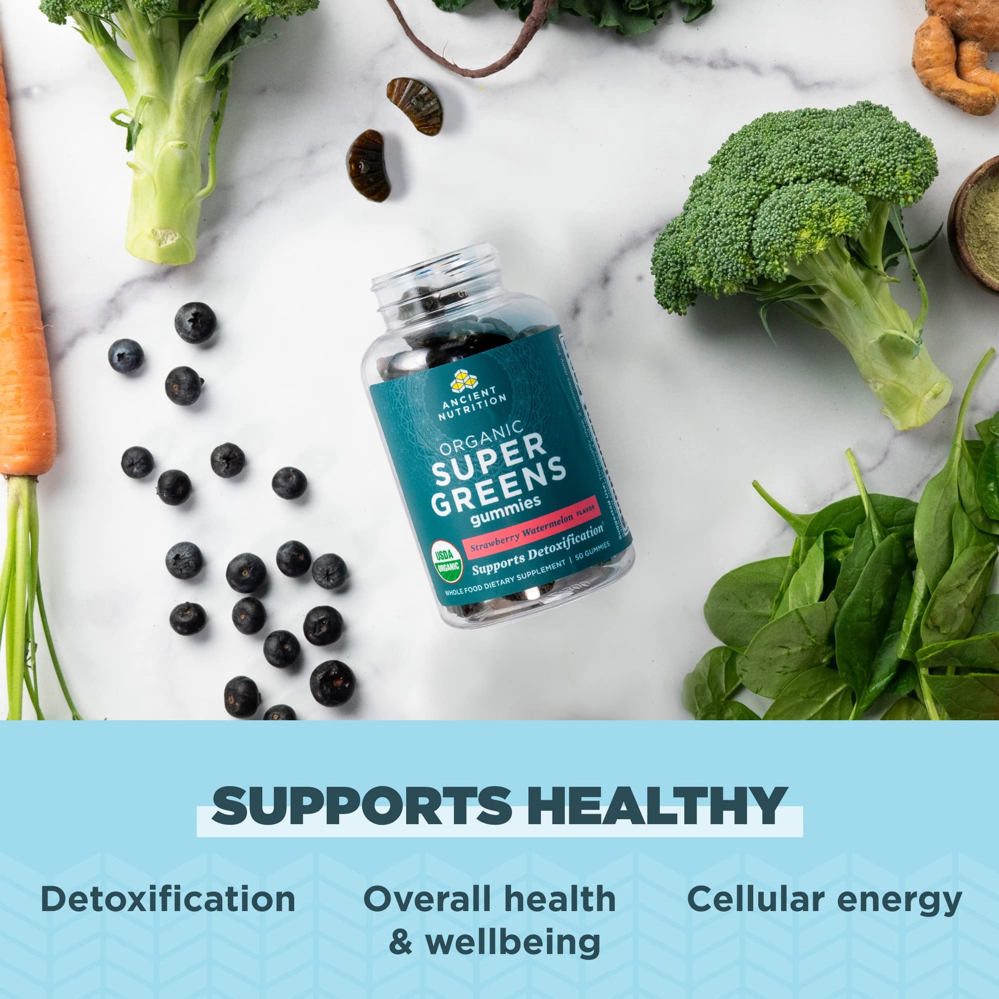 Ancient Nutrition Supergreens Gummy, Organic Superfood Gummy Made from Real Fruits, Vegetables and Herbs, for Digestive and Energy Support, 100 Count, Strawberry Watermelon Ancient Nutrition Au supplements