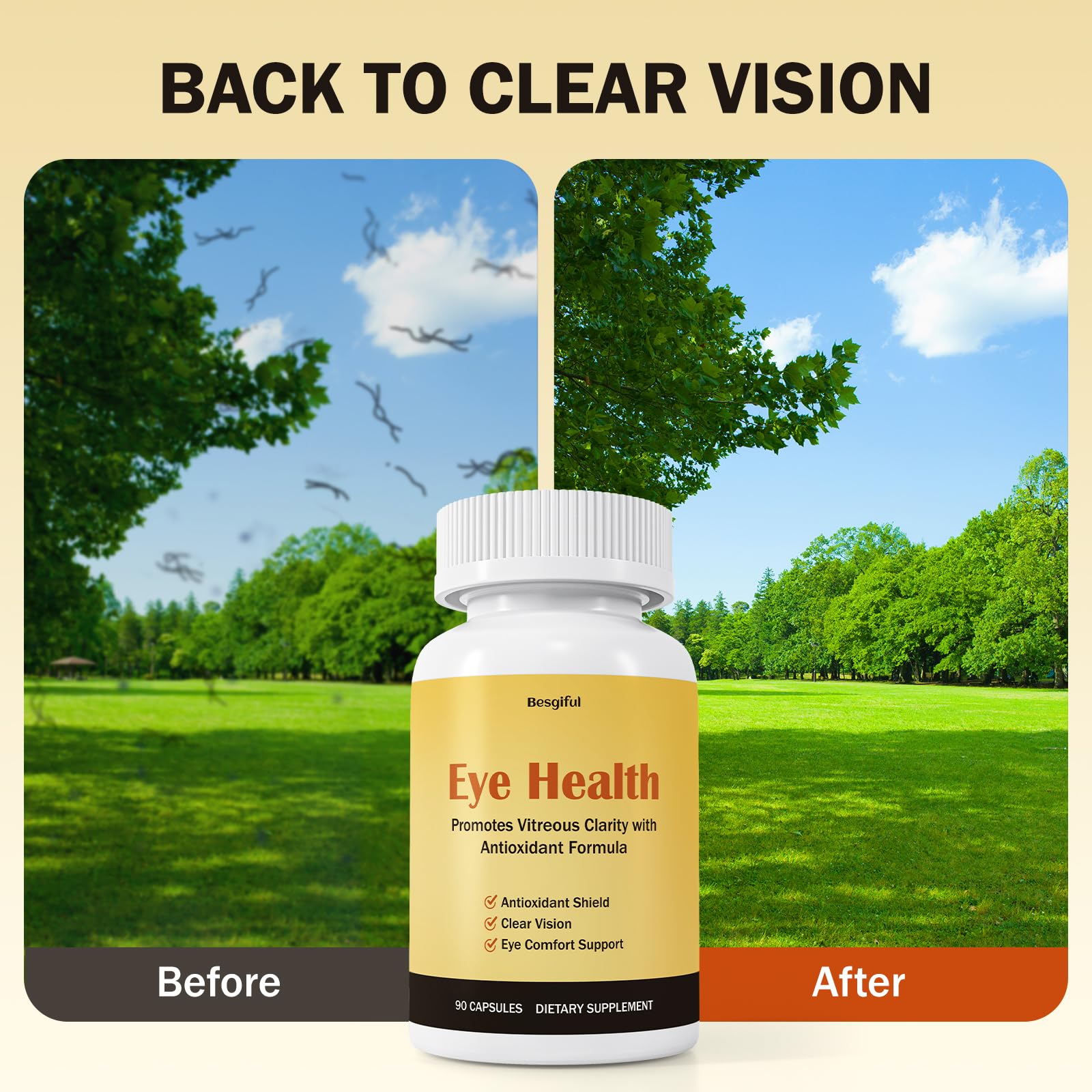 Besgiful Eye Supplement for Vitreous Health, Promotes Clear Vision, Improves Eye Strain & Dryness, Reduces Squiggly Lines, Eye Degeneration, Clear Eye Support, 90 Vegan Capsules Besgiful Au supplements