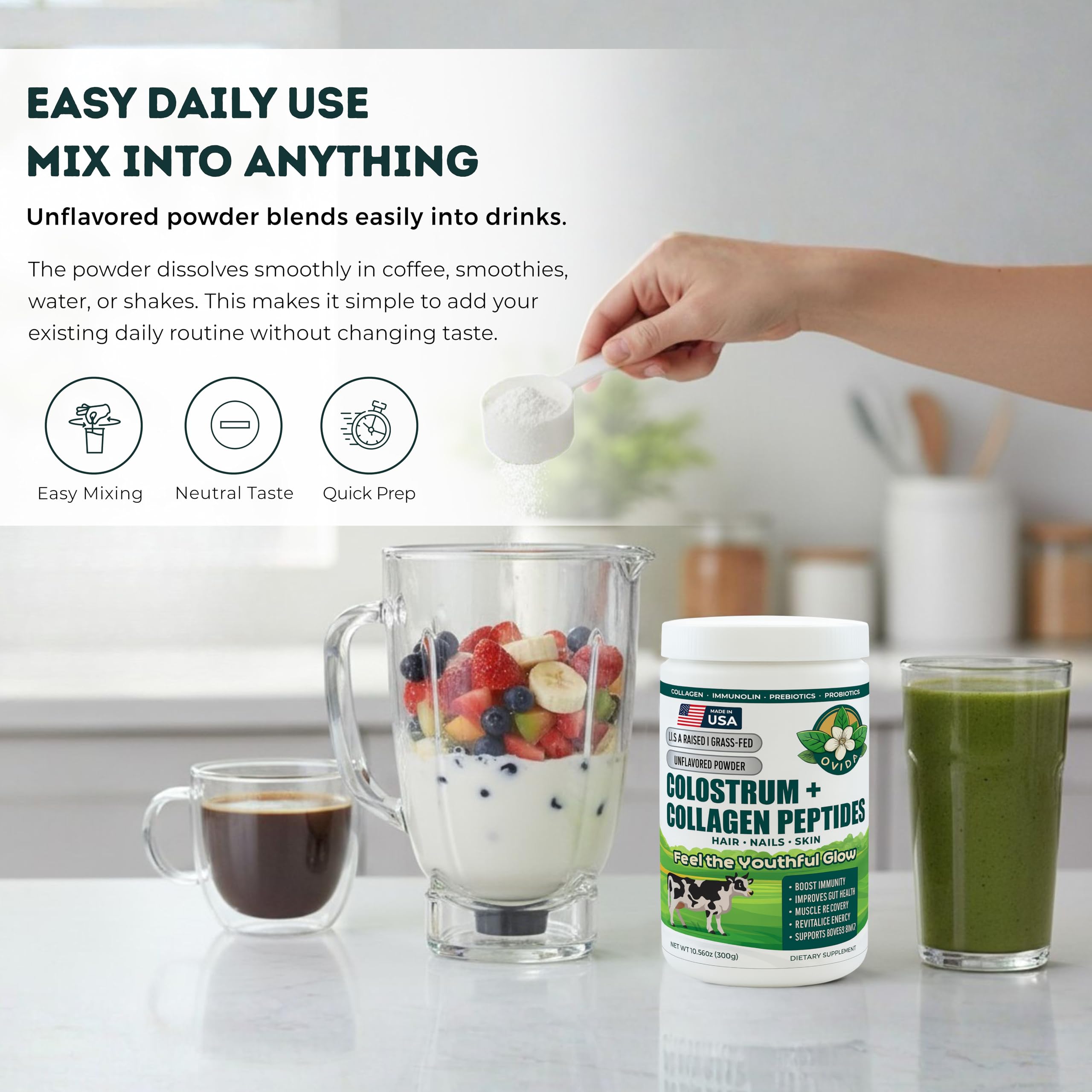Bovine Colostrum and Hydrolyzed Collagen Peptides Powder Supplement for Women & Men - Supports Gut Health, Joint & Bone Health, Hair Skin Nails - Grass-Fed, Non-GMO, Gluten Free, 300g (30 Servings) OVIDA Au supplements