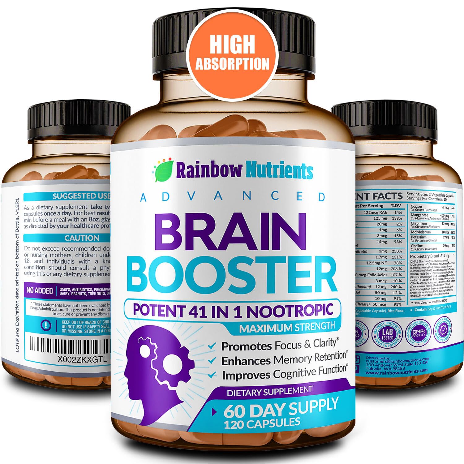 40-in-1 Brain Booster Supplements for Memory, Focus, Clarity, Energy, Performance | Natural Nootropic Brain Support Supplement with DMAE, Bacopa Monnieri & More | For Men & Women | 120 V Capsules Rainbow Nutrients, LLC Au supplements