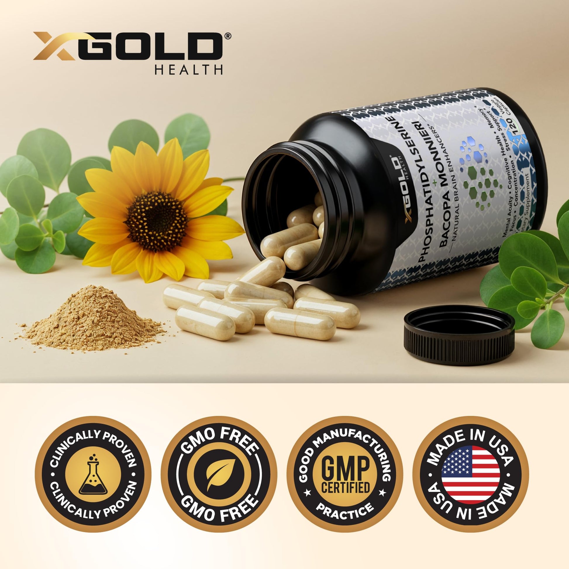 PhosphatidylSerine & Bacopa Monnieri 800 mg 2 in 1 Supplement - Natural Brain Enhancer/Nootropic for Enhanced Focus and Concentration, Memory Support, & Cognitive Function - 120 Vegetarian Capsules X Gold Health Au supplements