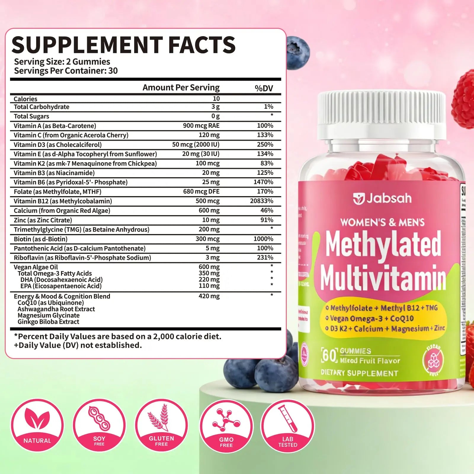 Methylated Vitamin B Complex Gummies for Women & Men, Multivitanins Gummy with Vitamin A, C ,E, Methylfolate & B12, TMG, Calcium, D3 K2 Jabsah Au supplements