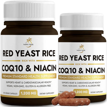 Native Oasis (2 Bottles) Red Yeast Rice 1,200 mg. Capsules Made with CoQ10 and Flush Native Oasis Au supplements