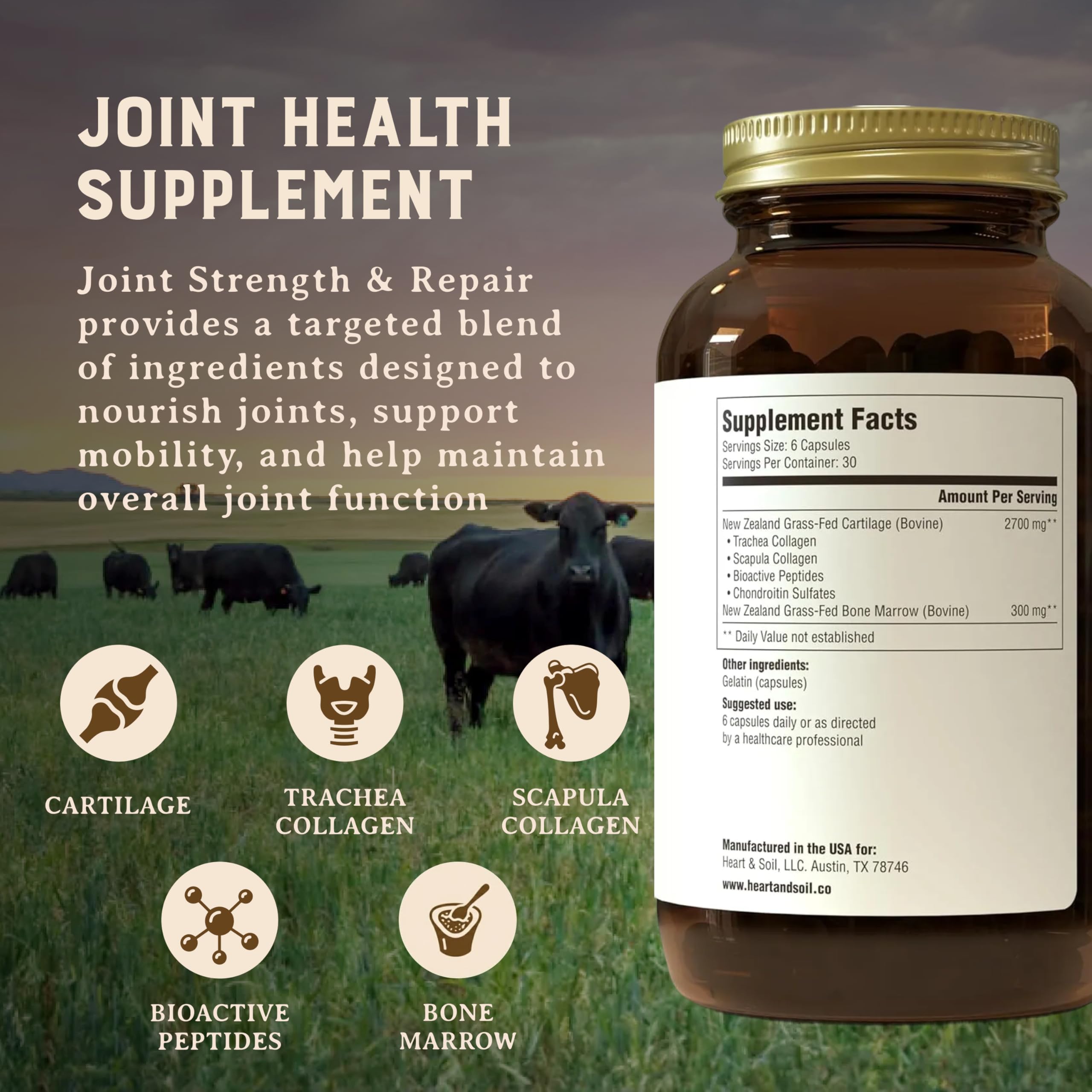 Heart & Soil 100% Grass Fed & Finished Joint Support Supplement from Regenerative Cattle with Trachea, Scapula & Bone Marrow – Supports Joint Strength & Mobility – 3000mg – Glass Bottle – 180 Capsules HEART & SOIL Au supplements