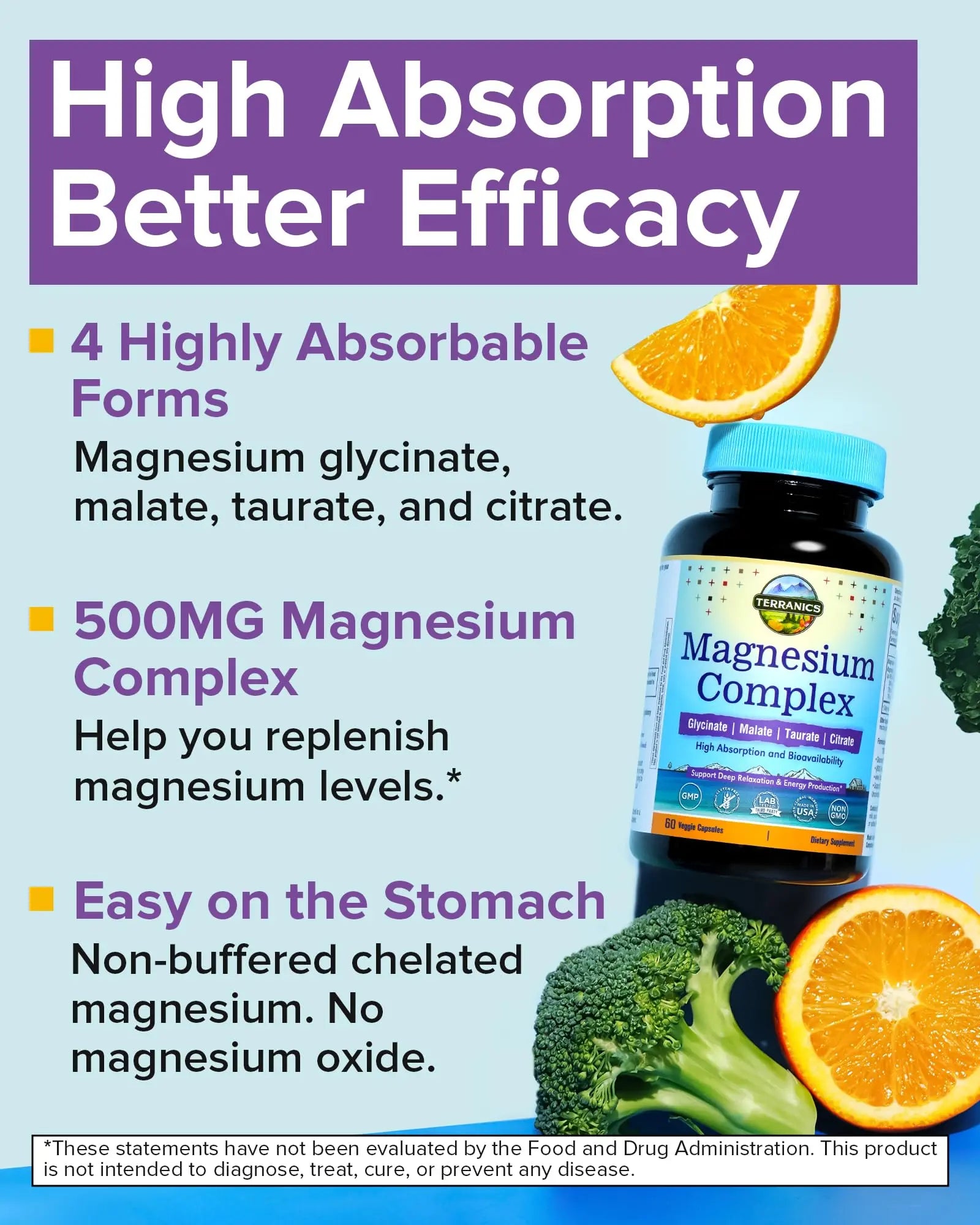 Terranics Magnesium Complex 500mg, Glycinate, Malate, Taurate, Citrate, Chelated Purified Easily Absorbed Magnesium Supplement for Sleep, Heart, Energy, Digestion Support, 60 Capsules Terranics Au supplements