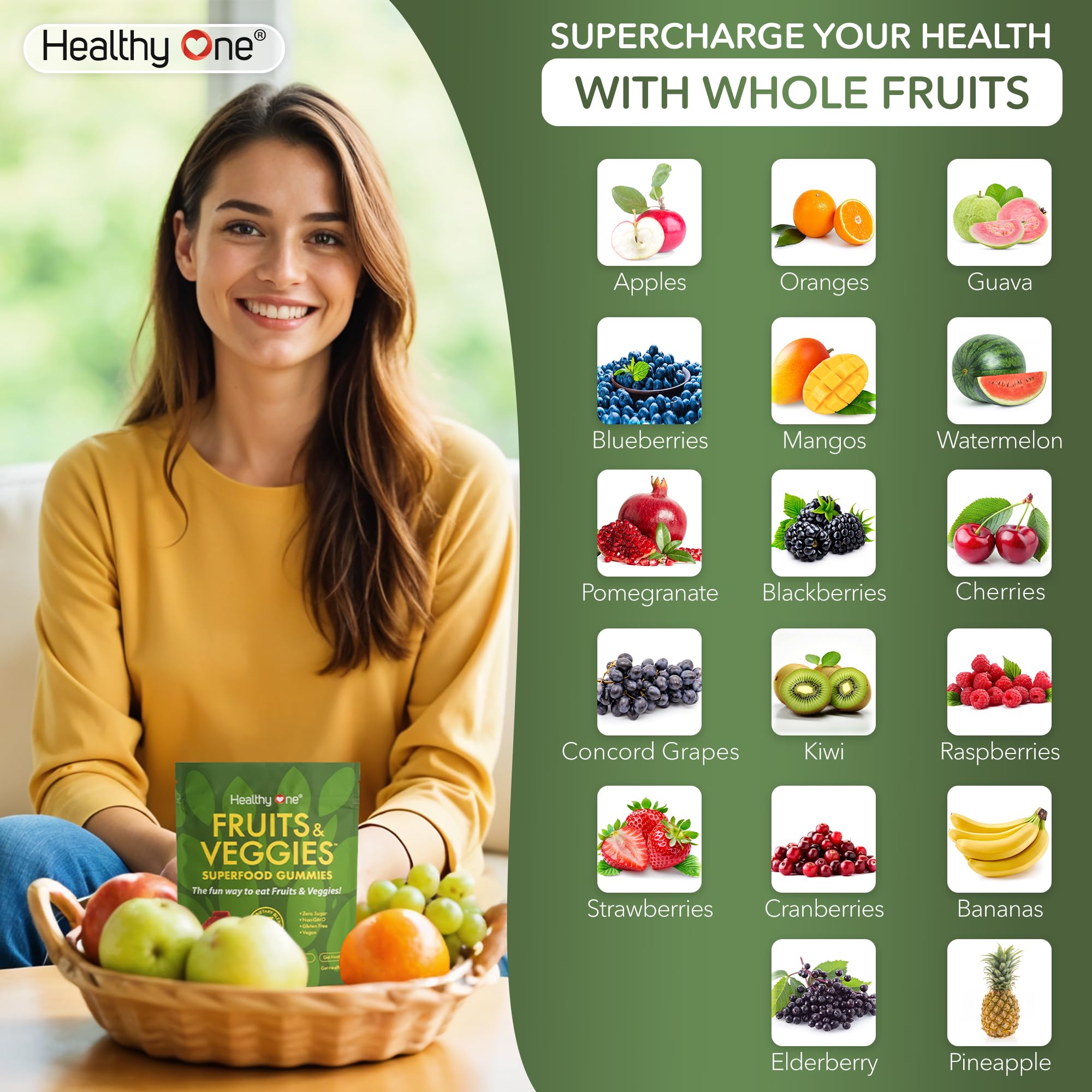 Fruits & Veggies Sugar-Free Gummies - 27 Whole Foods - Equals 3 Servings of Fruits & Vegetables - Improve Energy, Focus & Immune Function - Fiber - Antioxidants - Organic Ingredients - 28 Packets Healthy One Au supplements