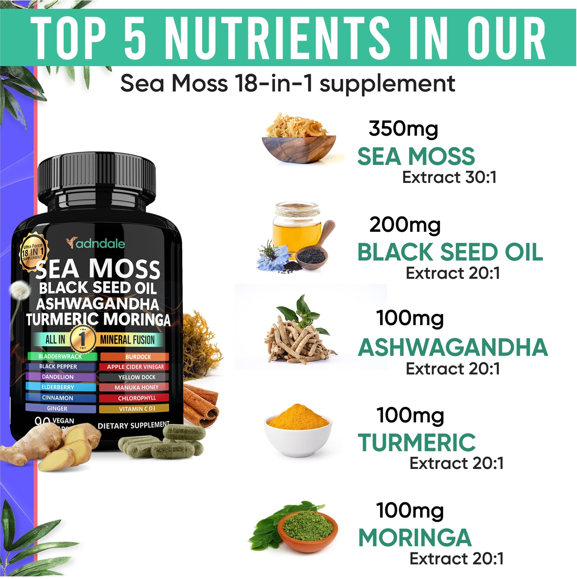Adndale Sea Moss Capsules - Sea Moss Blend with Ashwagandha, Turmeric & Black Seed Oil - 180 Count Adndale Au supplements