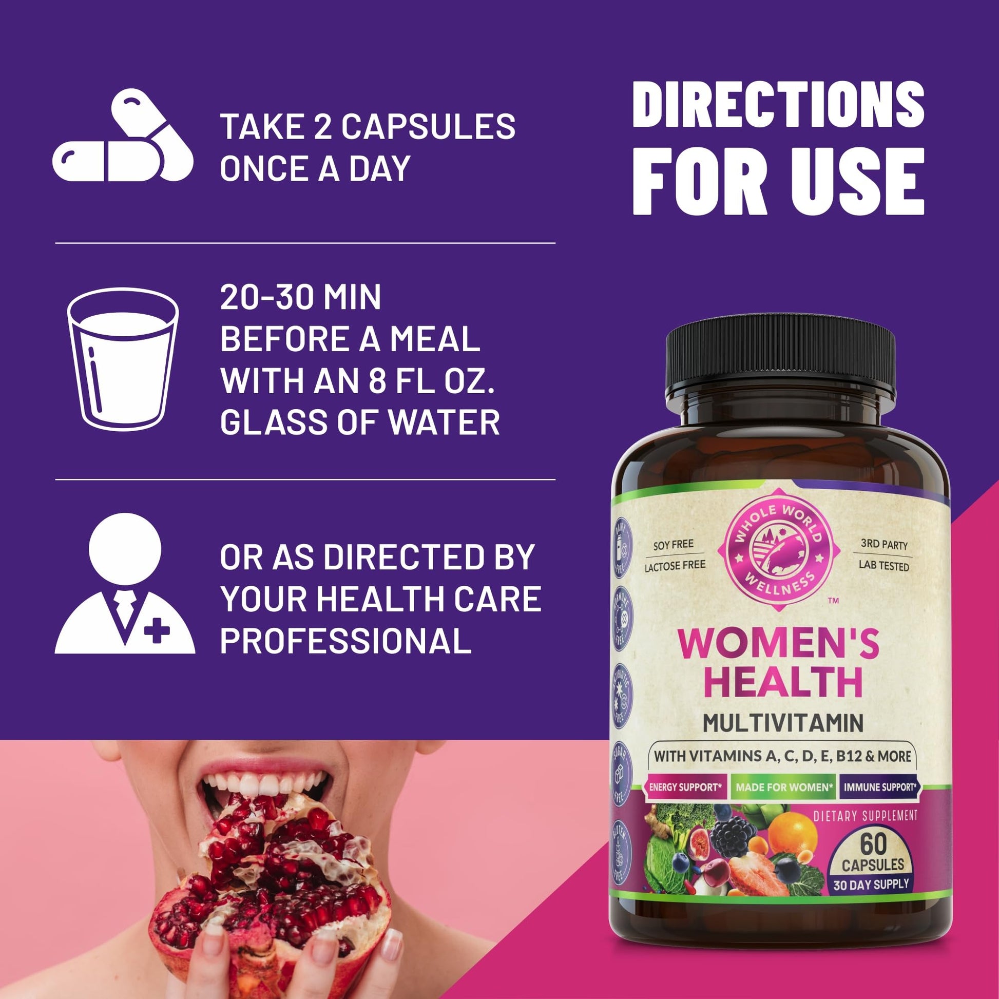 WHOLE WORLD WELLNESS Womens Daily Multivitamin Multimineral Supplement for Energy, Mood, Focus, Hair, Skin & Nails. Made for Women with 30+ Nutrients, Fruit & Energy Blend. Womens Vitamins, USA Made. WHOLE WORLD WELLNESS Au supplements