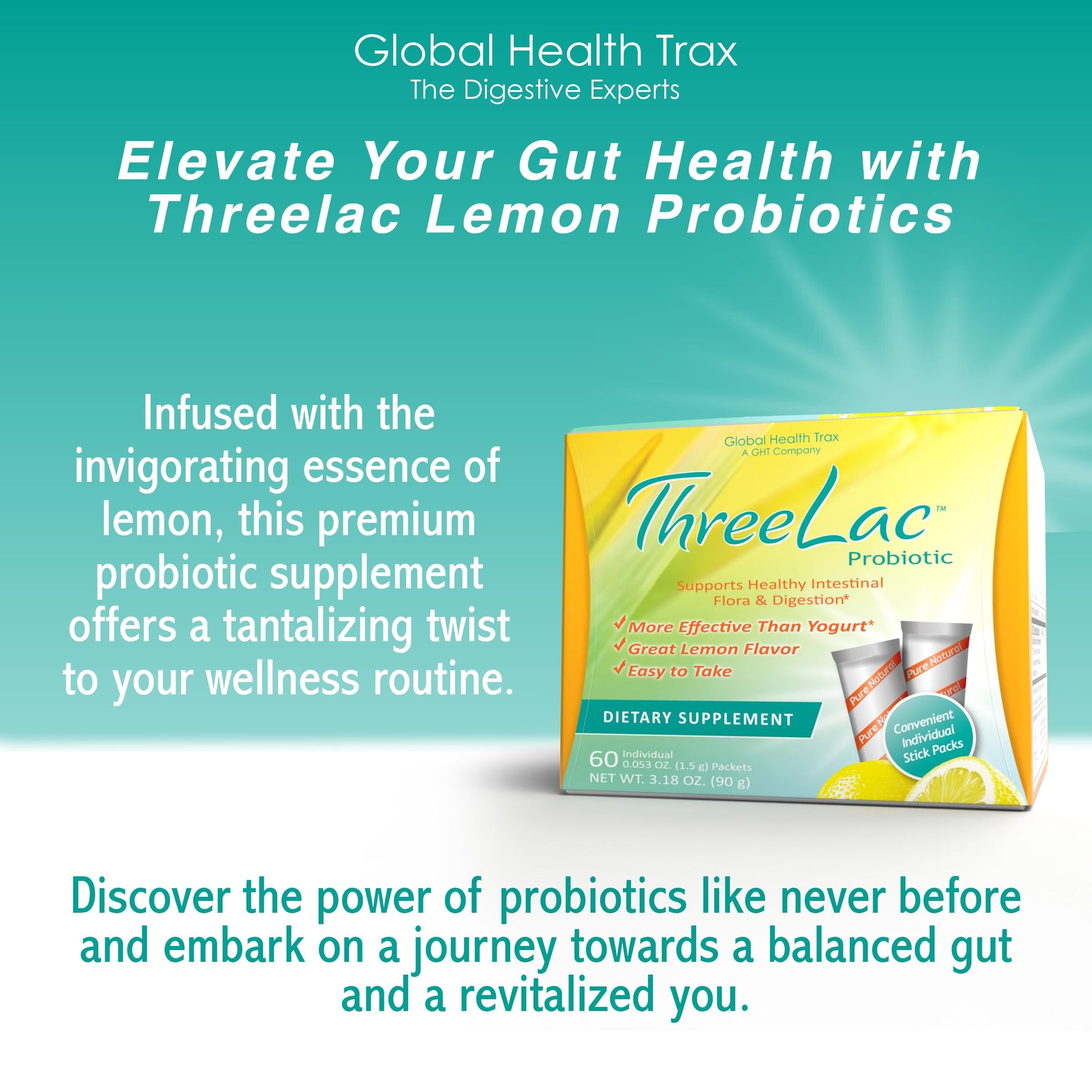 Global Health Trax GHT - ThreeLac Lemon Probiotic Drink Mix for Digestive Health - Advanced Probiotic Powder Formula for Men, Women & Kids - Immune Support & Gut Balance, Non-GMO - 60 Packets ght Global Health Trax Au supplements