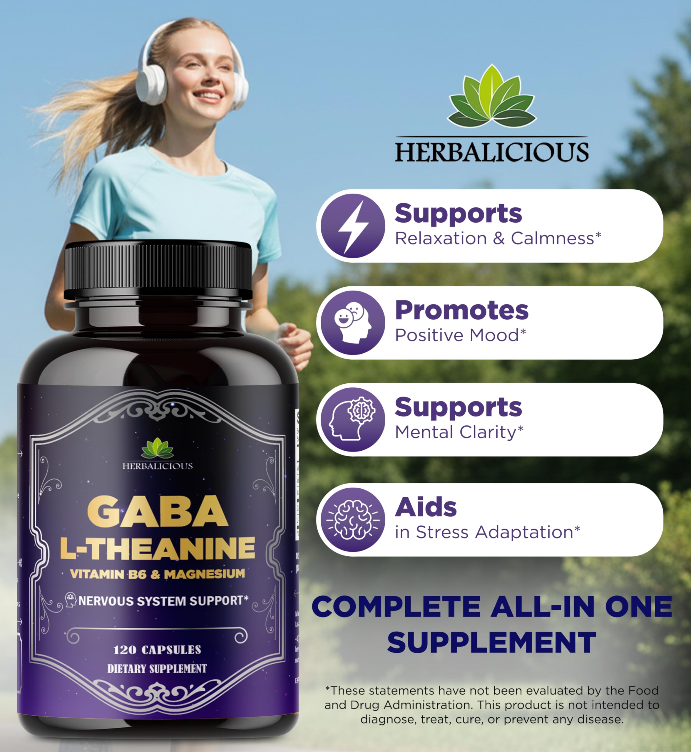 HERBALICIOUS GABA L-Theanine with Magnesium – Calm & Focus Support, Stress Relief, Relaxation + Mood Balance, Brain & Memory Support Supplement – Vitamin B6 + B12 Complex – 120 Capsules HERBALICIOUS Au supplements