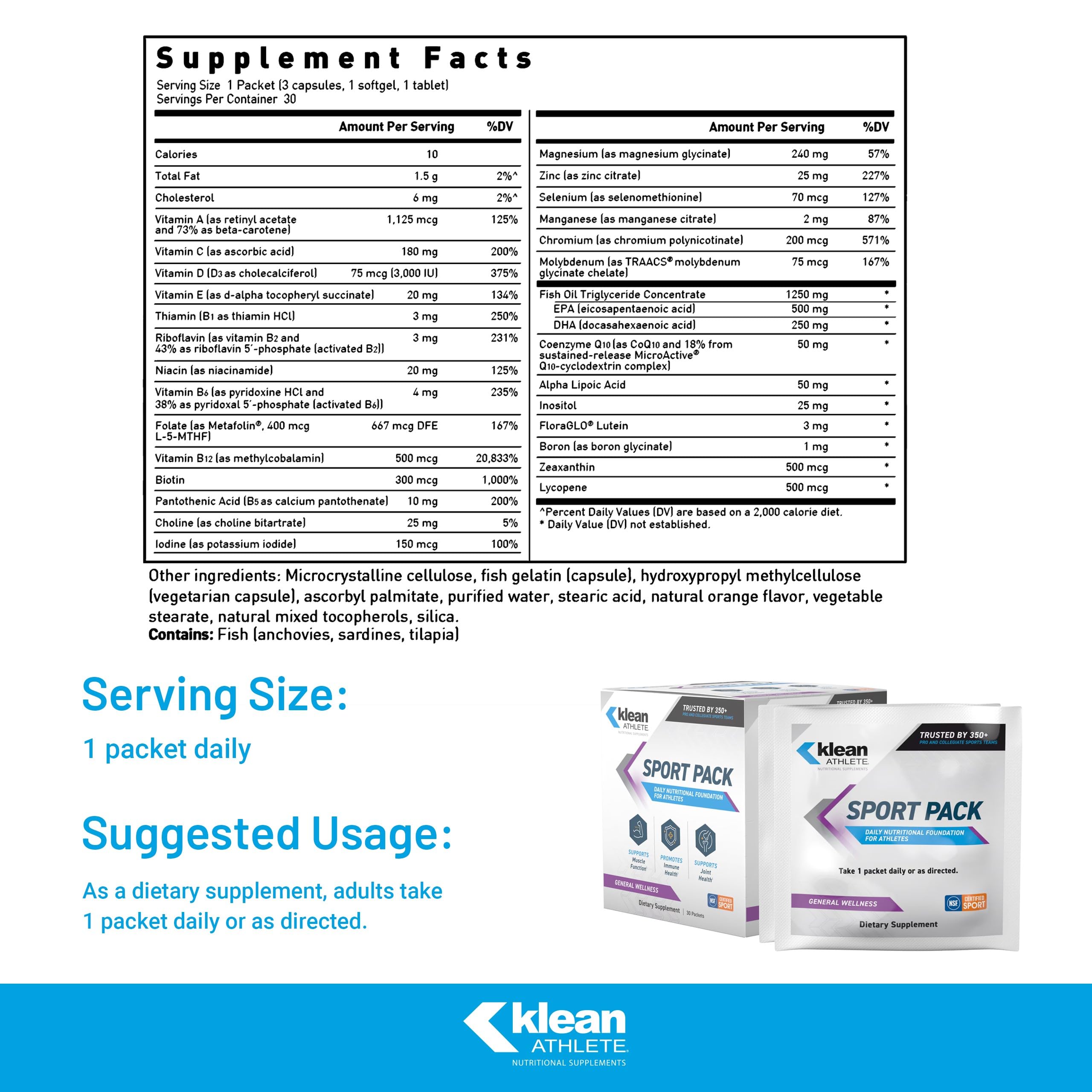 Klean Athlete Klean Sport Pack - Contains Magnesium Glycinate, Vitamin D & Omega-3 - Supports Muscle, Joint & Immune Health - NSF Certified - Daily Nutritional Supplement for Athletes - 30 Packets Klean Athlete Au supplements