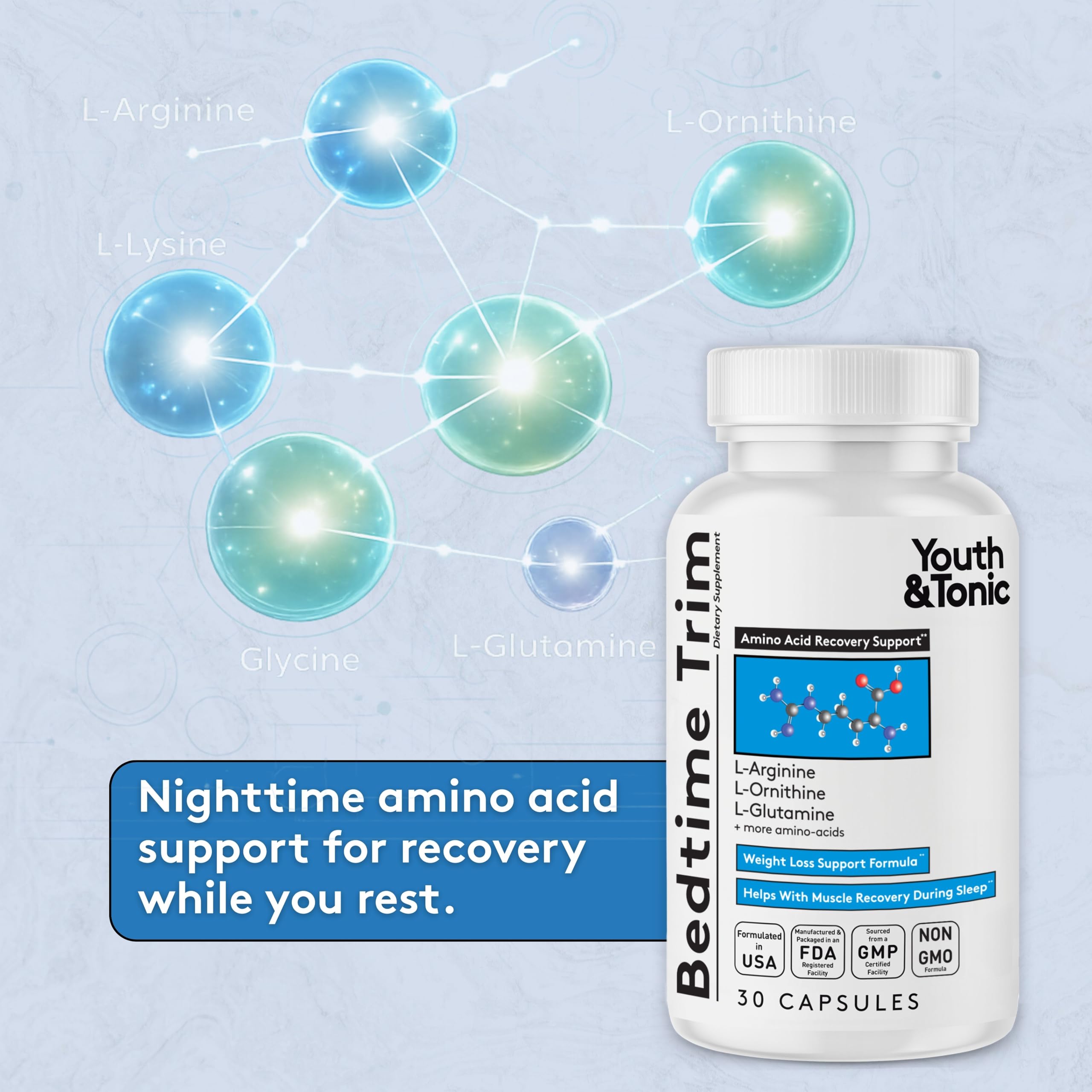 Youth & Tonic PM Bedtime Trim for Lean Appearance & Muscle Definition Support – Nighttime Amino Acids Supplement for Overnight Recovery, Men & Women, 30 Capsules Youth & Tonic Au supplements