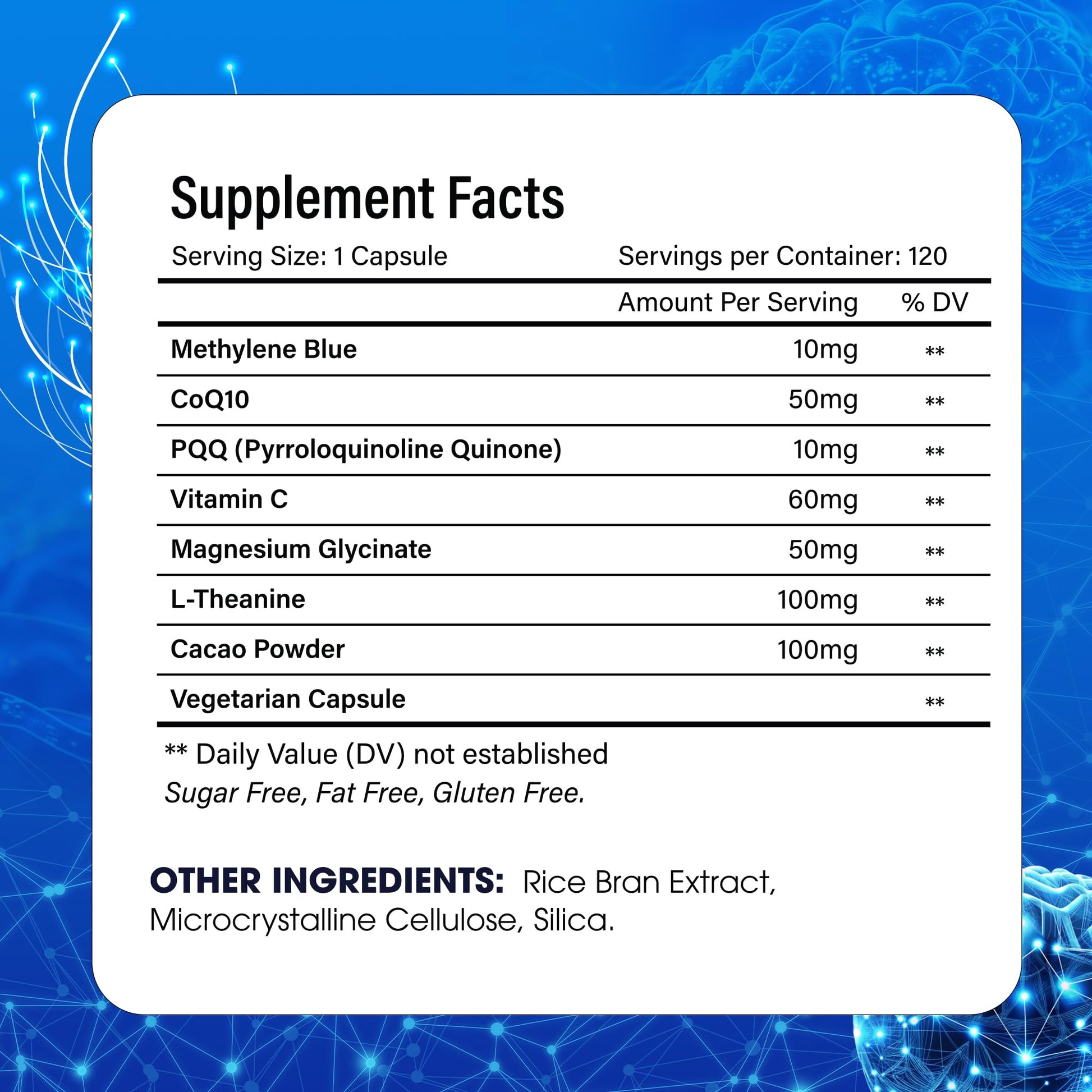 FitVitality Methylene Blue Capsules – Formulate CoQ10, PQQ, Vitamin C, L-Theanine, Cacao – 120 Vegan Capsules per Bottle – No Flavor, Easy Daily Use FitVitality Au supplements