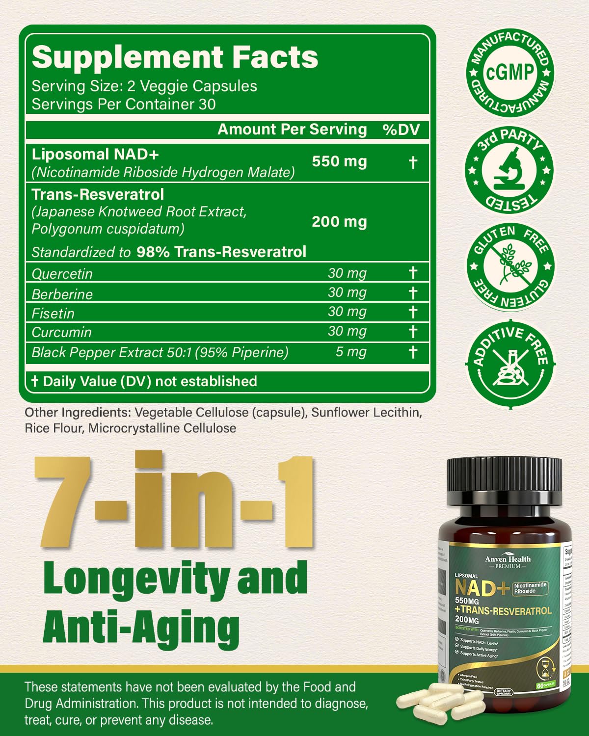 Liposomal NAD+ Resveratrol Supplement - NMN Alternative with Trans-Resveratrol, Quercetin & Fisetin - NAD Plus Booting for Women and Men, Support Cellular Energy & Healthy Aging, Non-GMO | 60 Capsules Anven Health Au supplements
