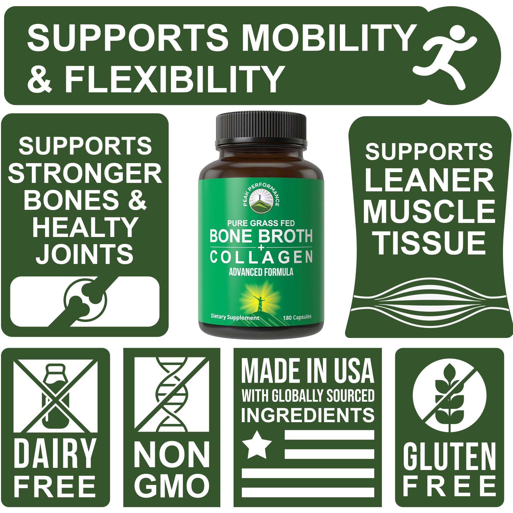 Bone Broth Collagen Capsules. 180 Pills of Grass Fed Bone Broth Collagen Protein Peptides. Contains All 3 Types 1, 2, and 3. Pure Pasture Raised Paleo Friendly Tablets for Women and Men Peak Performance Au supplements