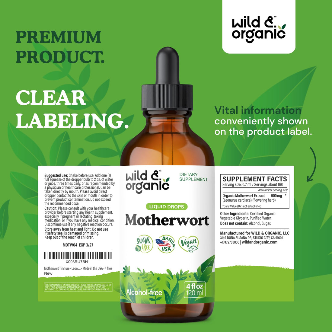 Wild & Organic Motherwort Tincture - Good Mood, Calmness, Overall Support - Supplements for Women with Motherwort Herb - Vegan, Sugar & Alcohol-Free Extract Drops - 4 fl oz Wild & Organic Au supplements