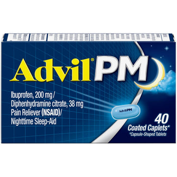 Advil PM Pain Reliever and Nighttime Sleep Aid, Pain Medicine with Ibuprofen for Pain Relief and Diphenhydramine Citrate for a Sleep Aid - 40 Coated Caplets Advil Au supplements