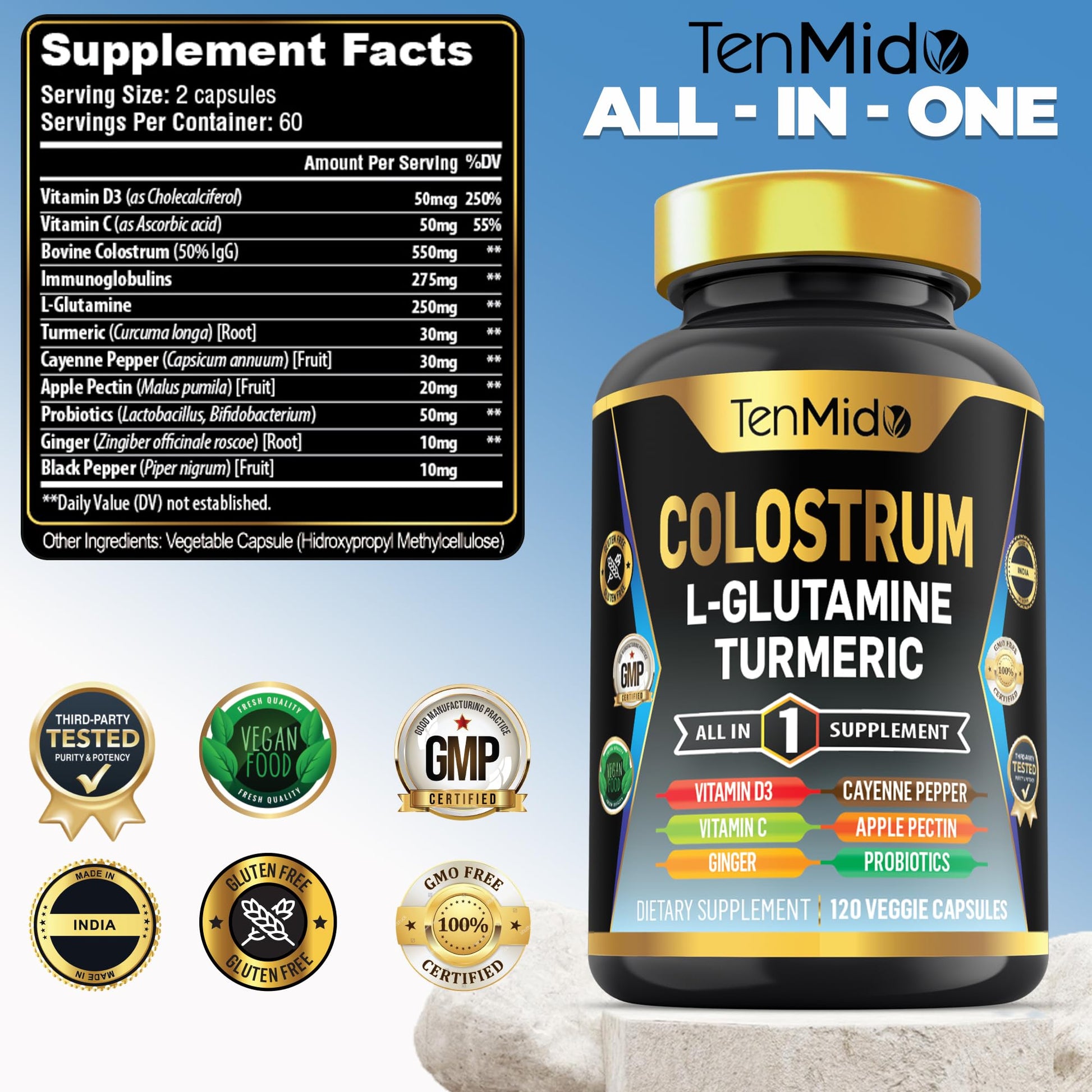 Tenmido Colostrum Supplement - 10in1 Formula - Combine with L- Glutamine, Turmeric, Cayenne Pepper, Apple Pectin, Probiotics, Ginger, and More - Digestive Health, Immune Support - 120 Capsules Tenmido Au supplements