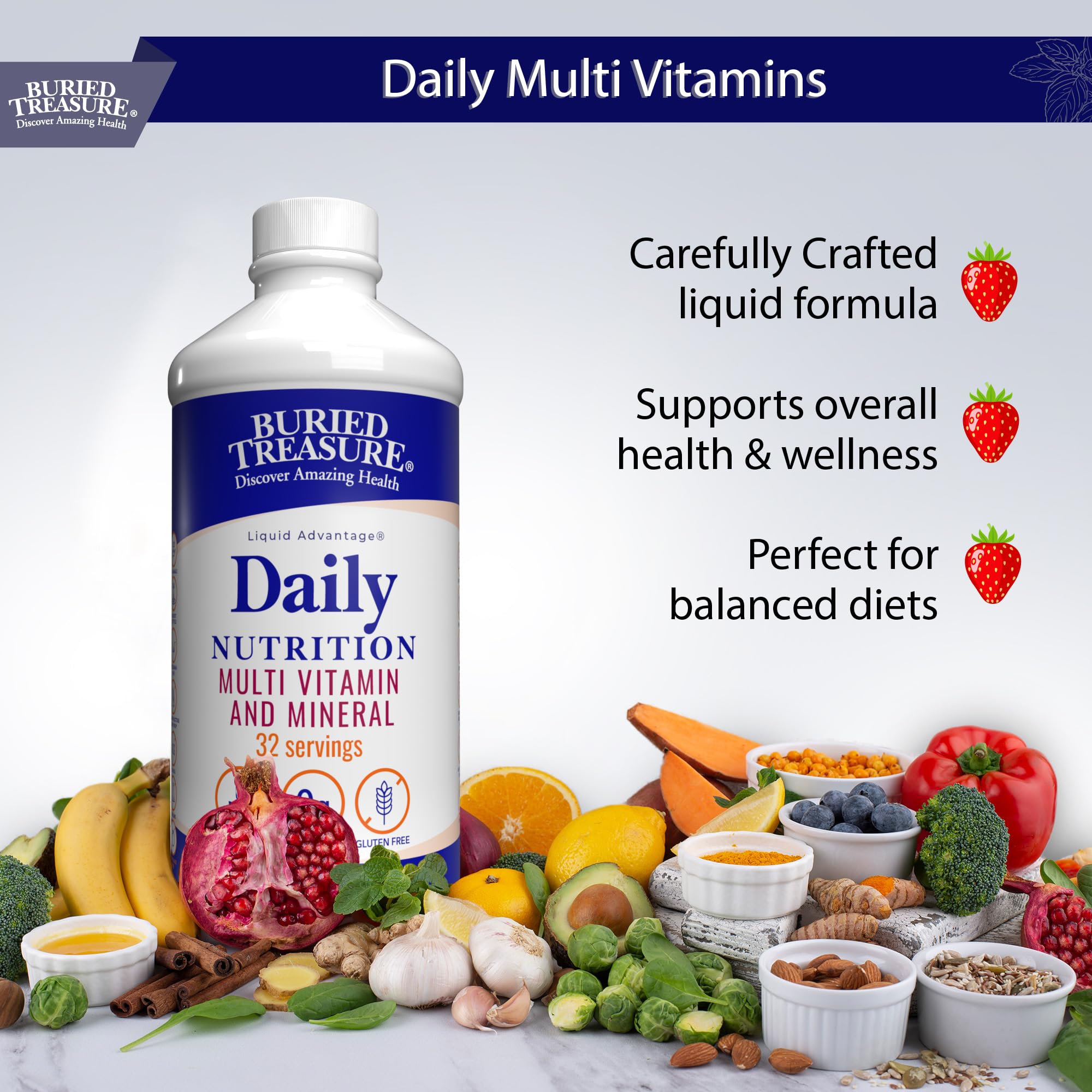 Buried Treasure Daily Nutrition Liquid Multivitamin and Mineral Supplement with Trace Minerals, Superfoods, Vitamin A, B-Complex, C, D, E, Methylfolate, Biotin, Magnesium, Zinc, Resveratrol, 32 serv Buried Treasure Au supplements