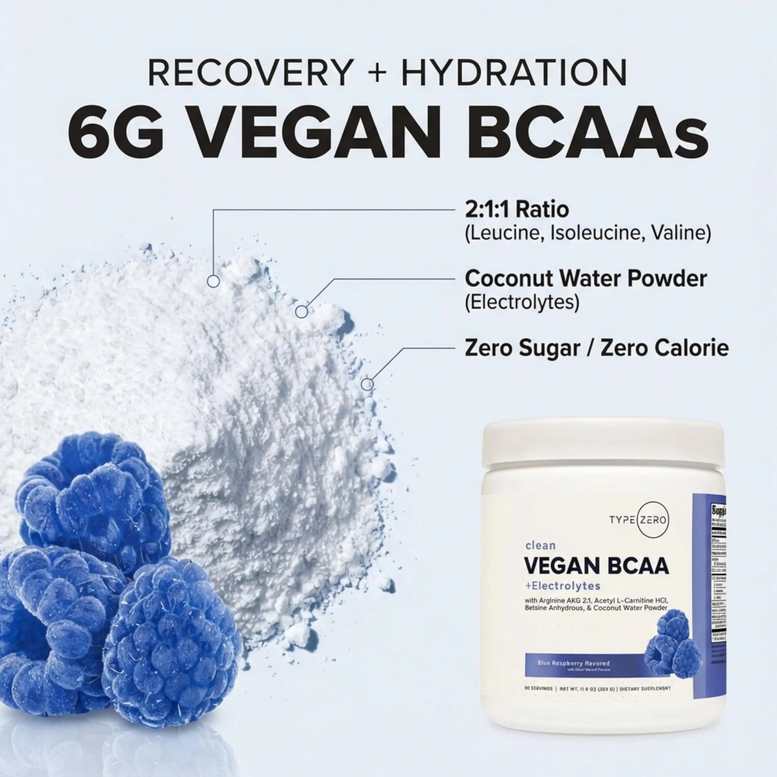 Type Zero Ultra Clean Vegan BCAA Powder + Electrolytes (Blue Raspberry | 6G) 2:1:1 Sugar-Free/No Sucralose BCAAs Amino Acids Supplement - BCAA Vegan Amino Acids After Workout Drink, 30 Servings Type Zero Au supplements