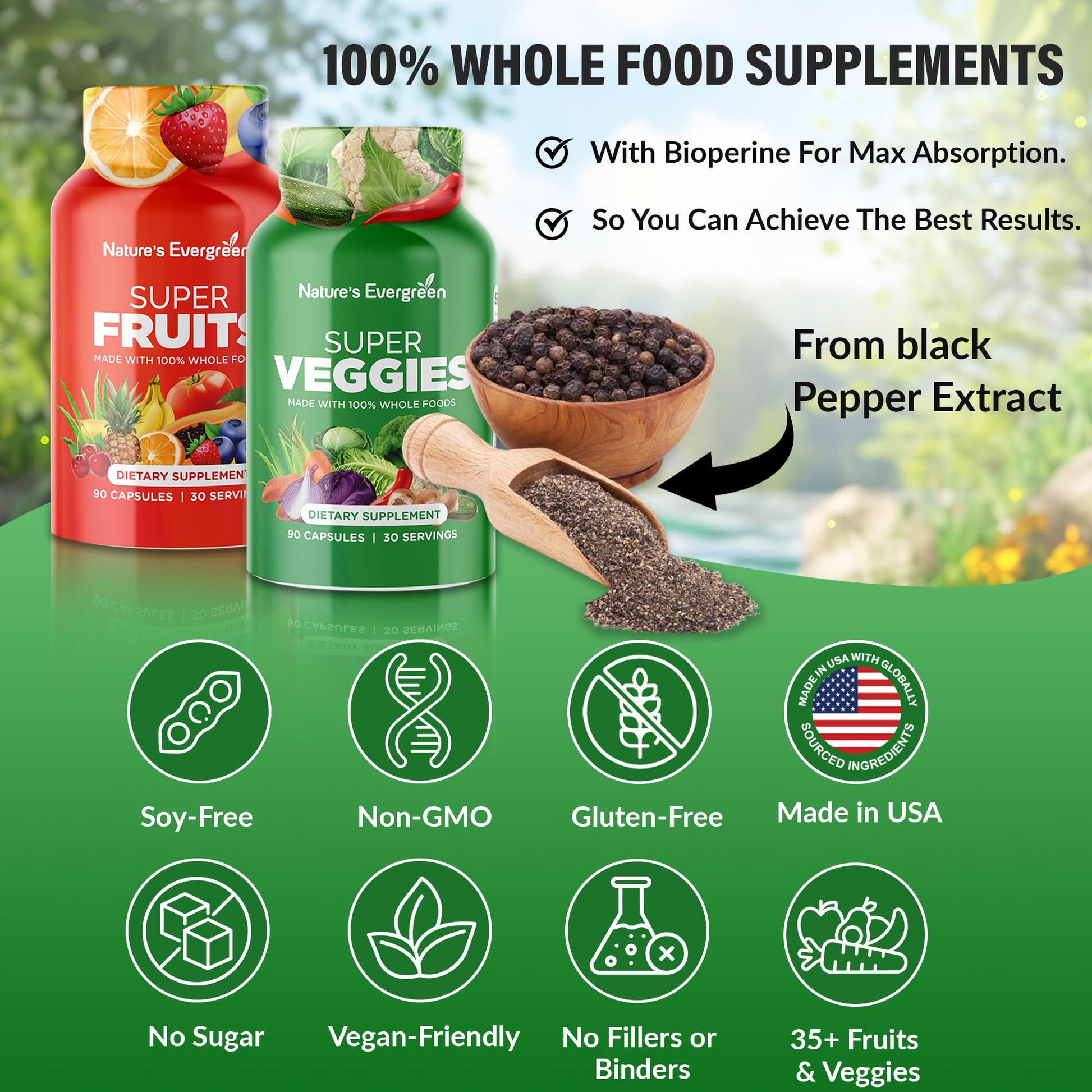 Fruits and Veggies Supplement - Nature Fruits and Vegetables Supplements - Vegan, Non GMO, Soy Free, Superfood Vitamins & Minerals Nutritional Balance - (Total 180 Capsules - Pack of 2) Made in USA Nature's Evergreen Au supplements