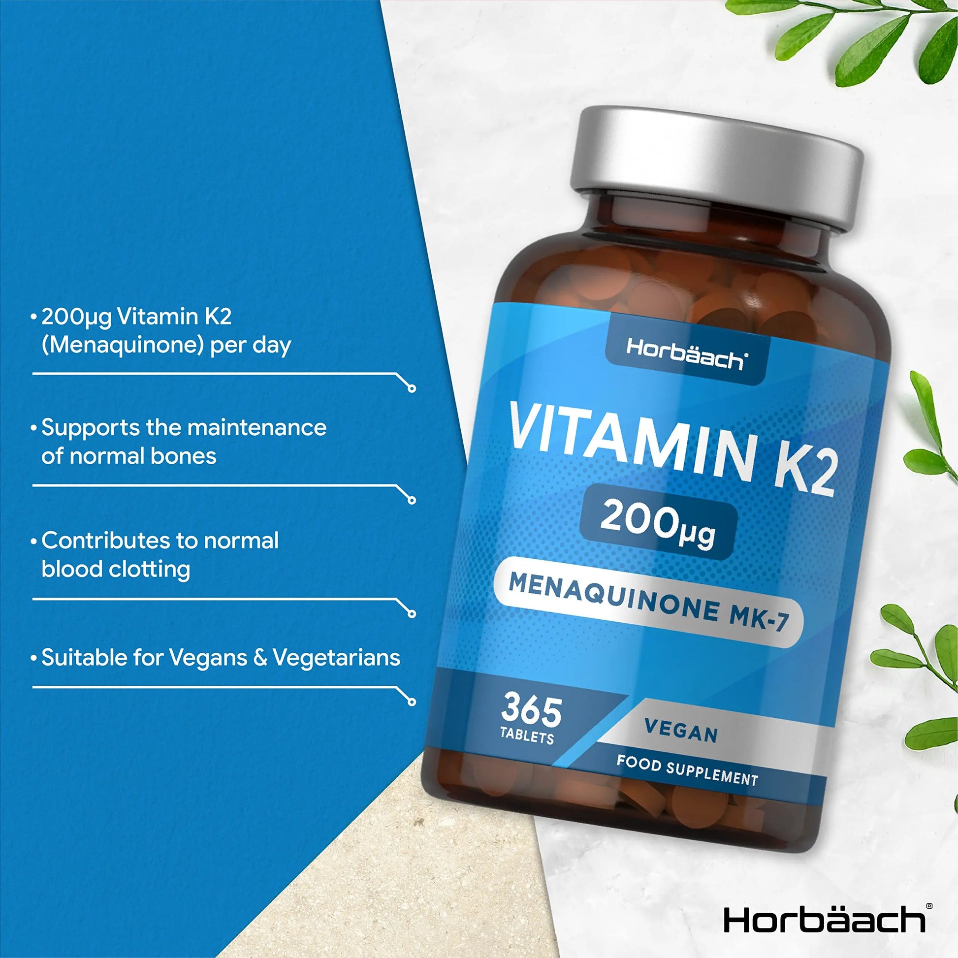 Vitamin K2 MK7 200ug | 365 Vegan Tablets | High Strength Menaquinone MK-7 Horbäach Au supplements