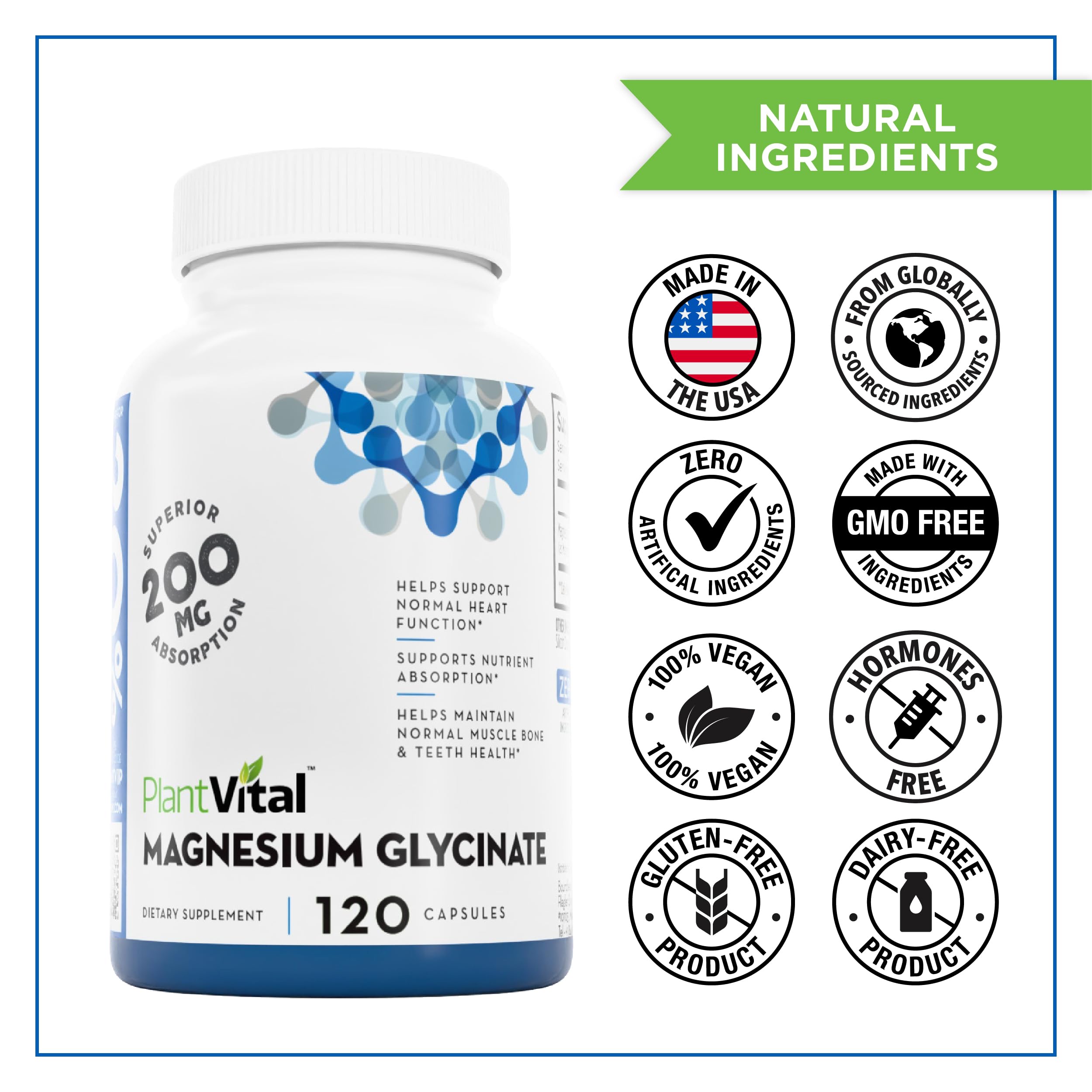 PlantVital Magnesium Glycinate 200mg - Supports Restful Sleep, Muscle & Nerve Function, Normal Heart & Bone Health - Feel Calm & Relax - Vegan, Third Party Tested, Gluten Free, Non-GMO - 120 Capsules Plantvital Au supplements
