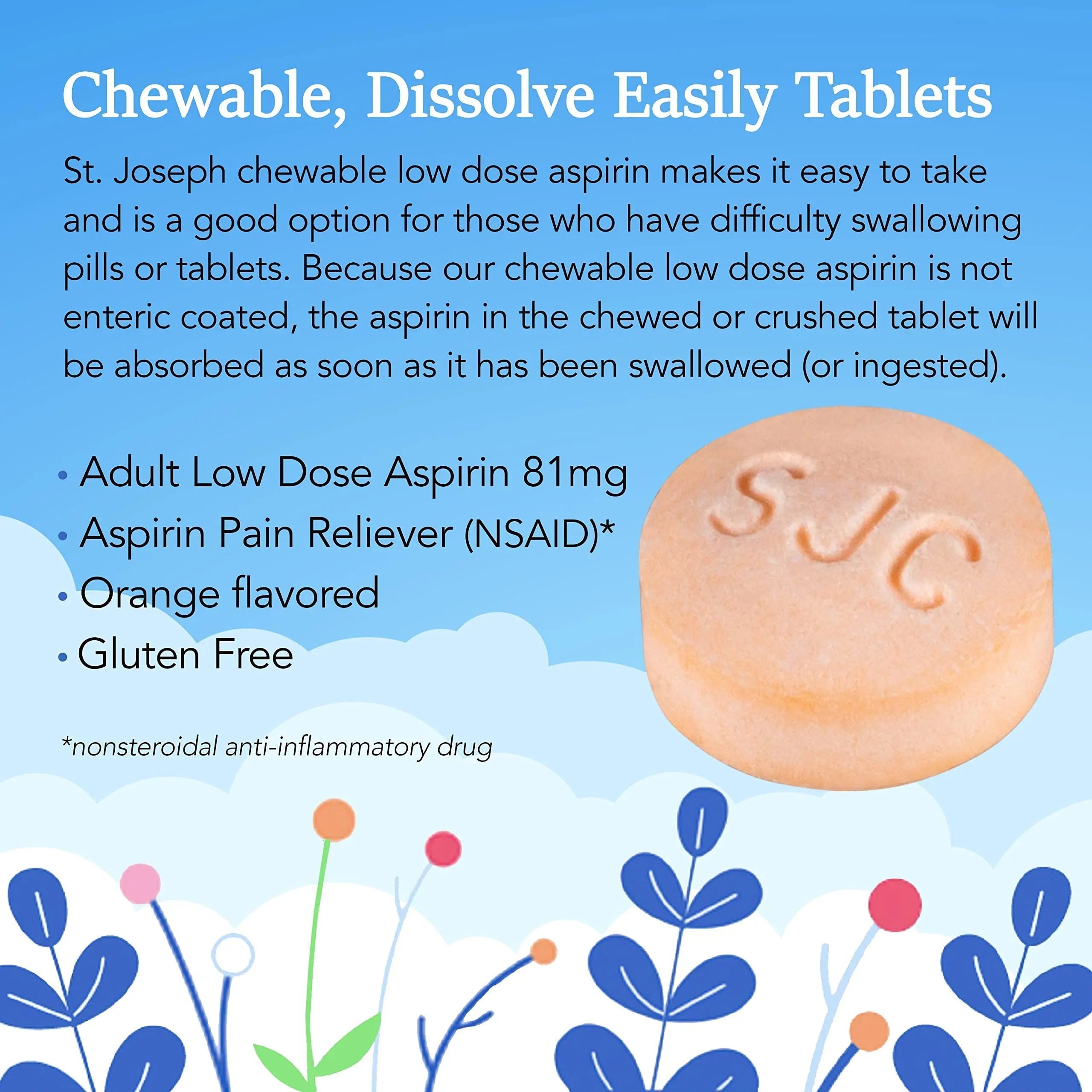 St. Joseph Aspirin Pain Reliever (NSAID) 81mg, Chewable Orange Tablets Adult Low Dose Regimen , 108 ct (3 x 36 ct Tablets per Bottle) St. Joseph Au supplements
