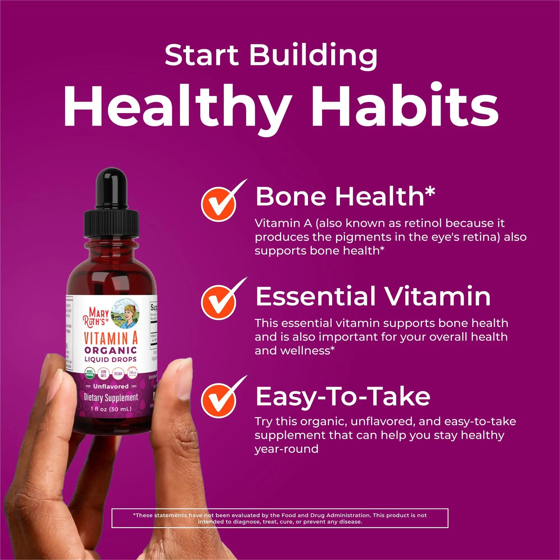 MaryRuth Organics USDA Organic Vitamin A Liquid Drops | 3 Month Supply | Bone Health for Ages 14+ | Essential Vitamin | 750mcg per Serving | Sugar Free | Vegan | Non-GMO | Gluten Free | 1oz MARYRUTH'S Au supplements