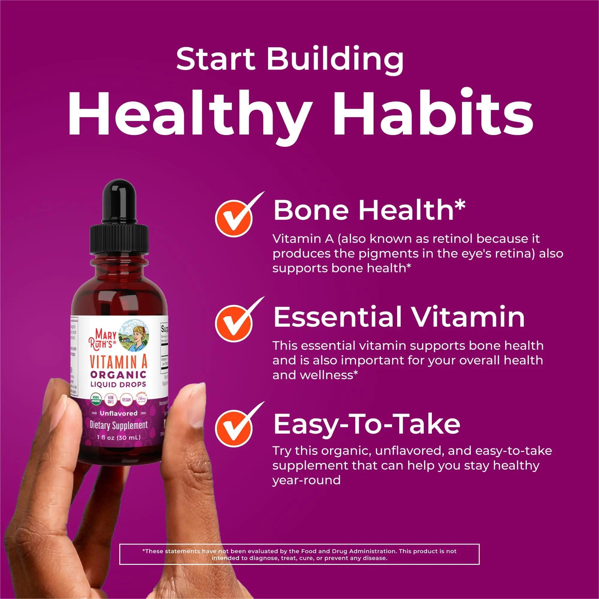 MaryRuth Organics USDA Organic Vitamin A Liquid Drops | 3 Month Supply | Bone Health for Ages 14+ | Essential Vitamin | 750mcg per Serving | Sugar Free | Vegan | Non-GMO | Gluten Free | 1oz MARYRUTH'S Au supplements