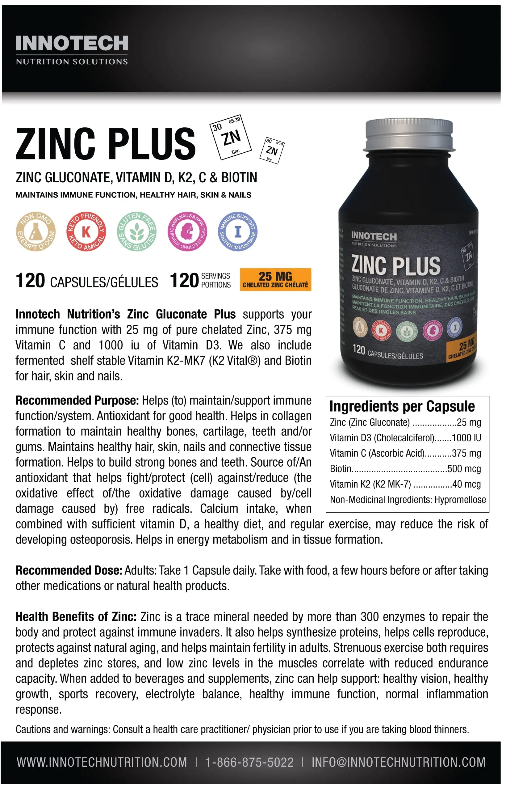 Innotech Nutrition Zinc Plus Immune Hair Skin & Nails Support Chelated Zinc Vitamin D3 & Biotin 120 Vegan Capsules Innotech Nutrition Solutions Au supplements
