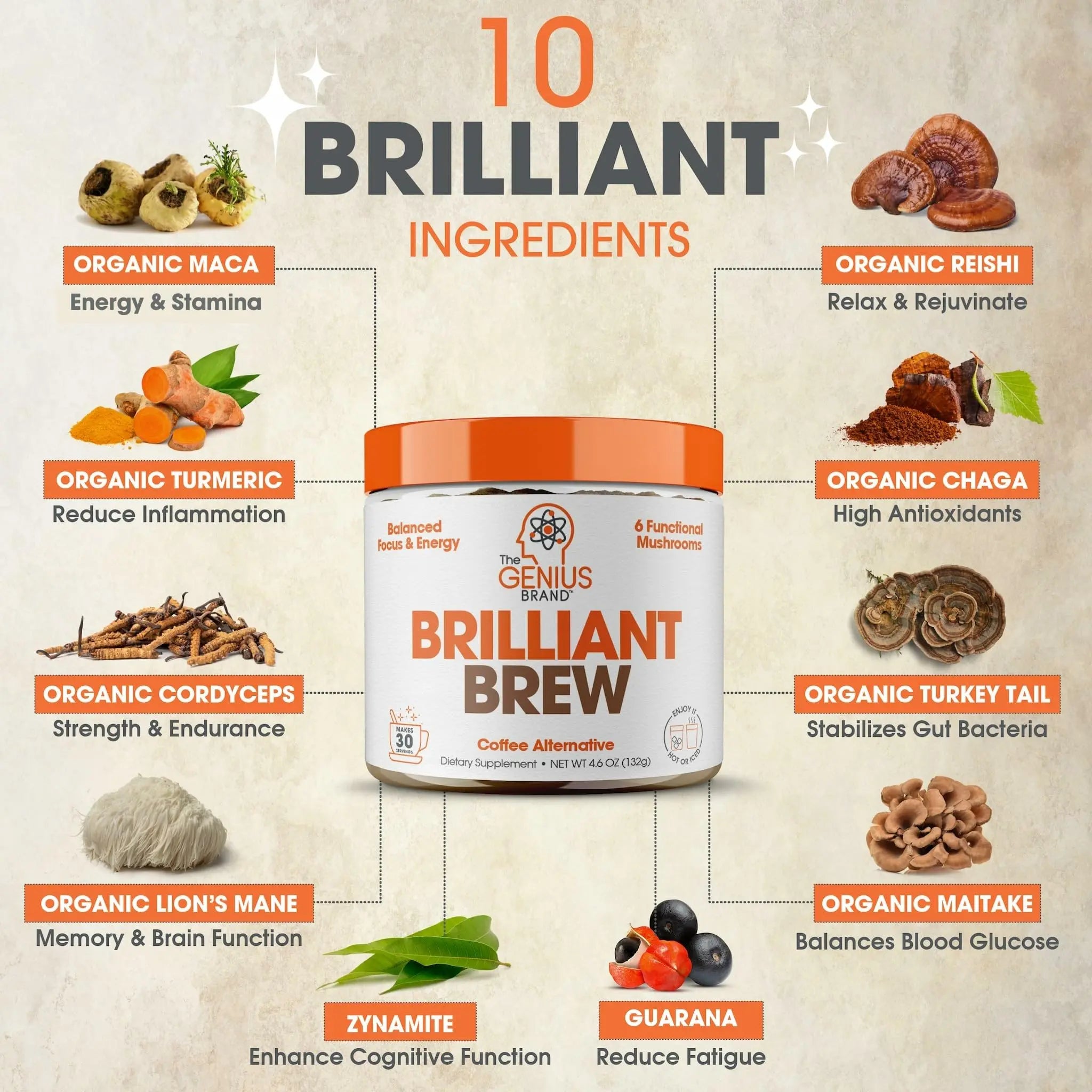 The Genius Brand Genius Brilliant Brew - Natural Coffee Substitute for Clear Thinking, Energy & Immune Support - No Crash or Jitters - Powered by Nootropics - Non-GMO - 30 Servings - Sweet Cocoa The Genius Brand Au supplements