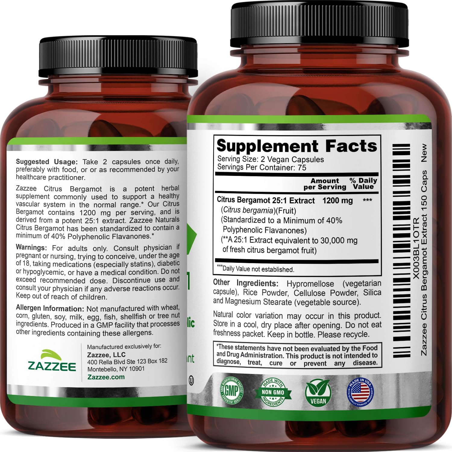 Zazzee Citrus Bergamot 25:1 Extract, 1200 mg Per Serving, 40% Polyphenolic Flavanones, 150 Vegan Capsules, 5 Month Supply, Citrus Bergamia, Antioxidant Support, Certified Kosher, Non-GMO, Made in USA Zazzee Au supplements