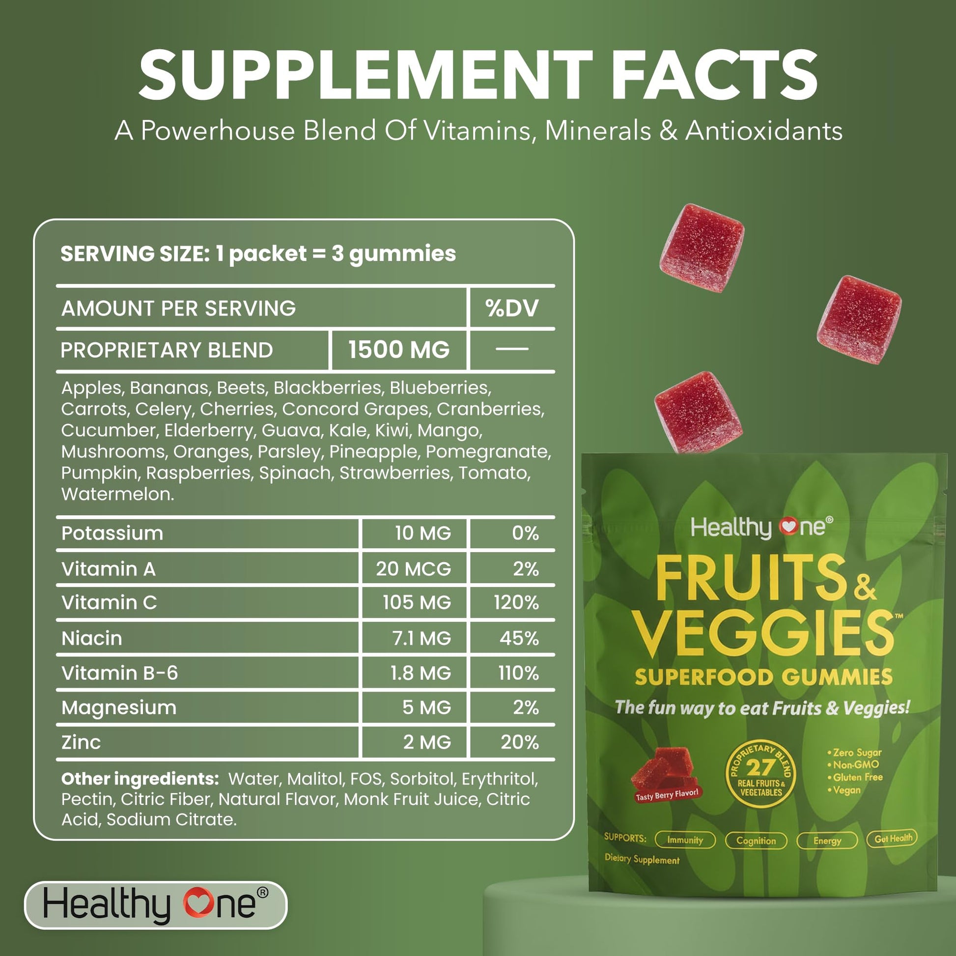 Fruits & Veggies Sugar-Free Gummies - 27 Whole Foods - Equals 3 Servings of Fruits & Vegetables - Improve Energy, Focus & Immune Function - Fiber - Antioxidants - Organic Ingredients - 14 Packets Healthy One Au supplements
