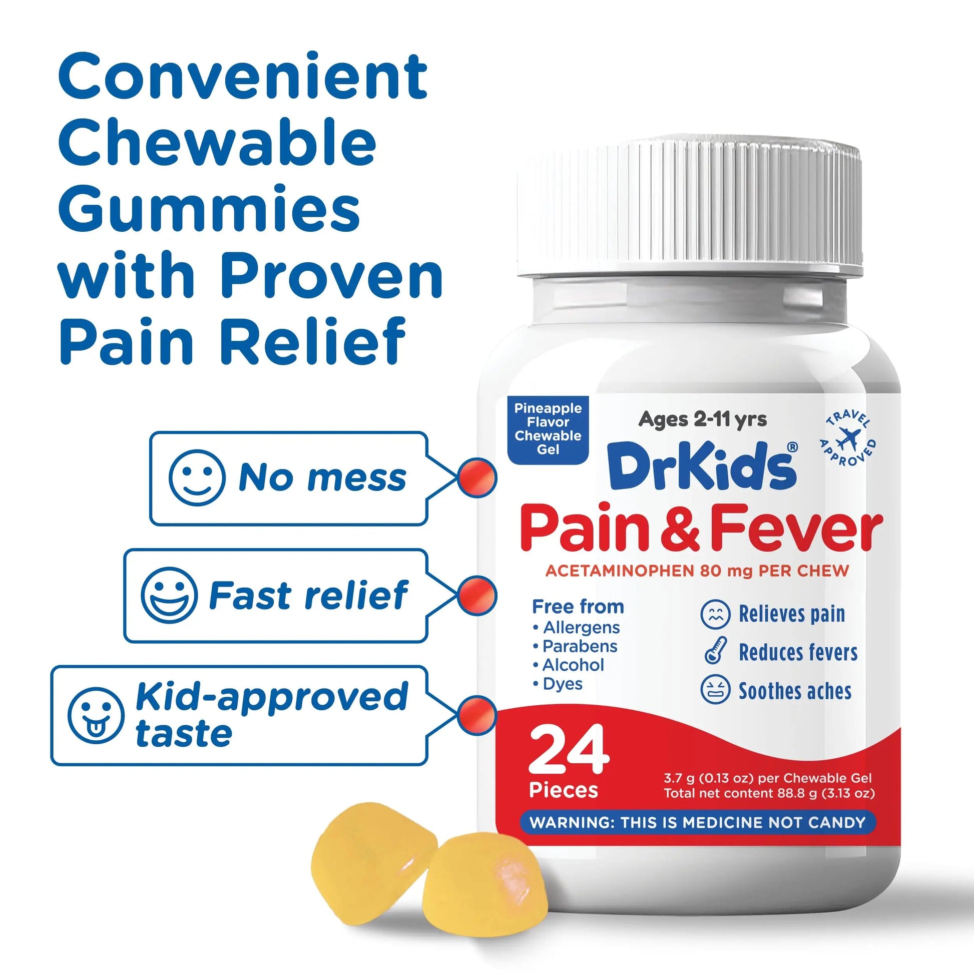 Dr. Kids Children’s Pain and Fever Chewable Gels – Pain Relief and Fever Reducer for Kids Ages 2–11, 80 mg Chewable Acetaminophen for Headache, Sore Throat, Cold & Flu, Pineapple Flavor, 24 Count Dr. Kids Au supplements