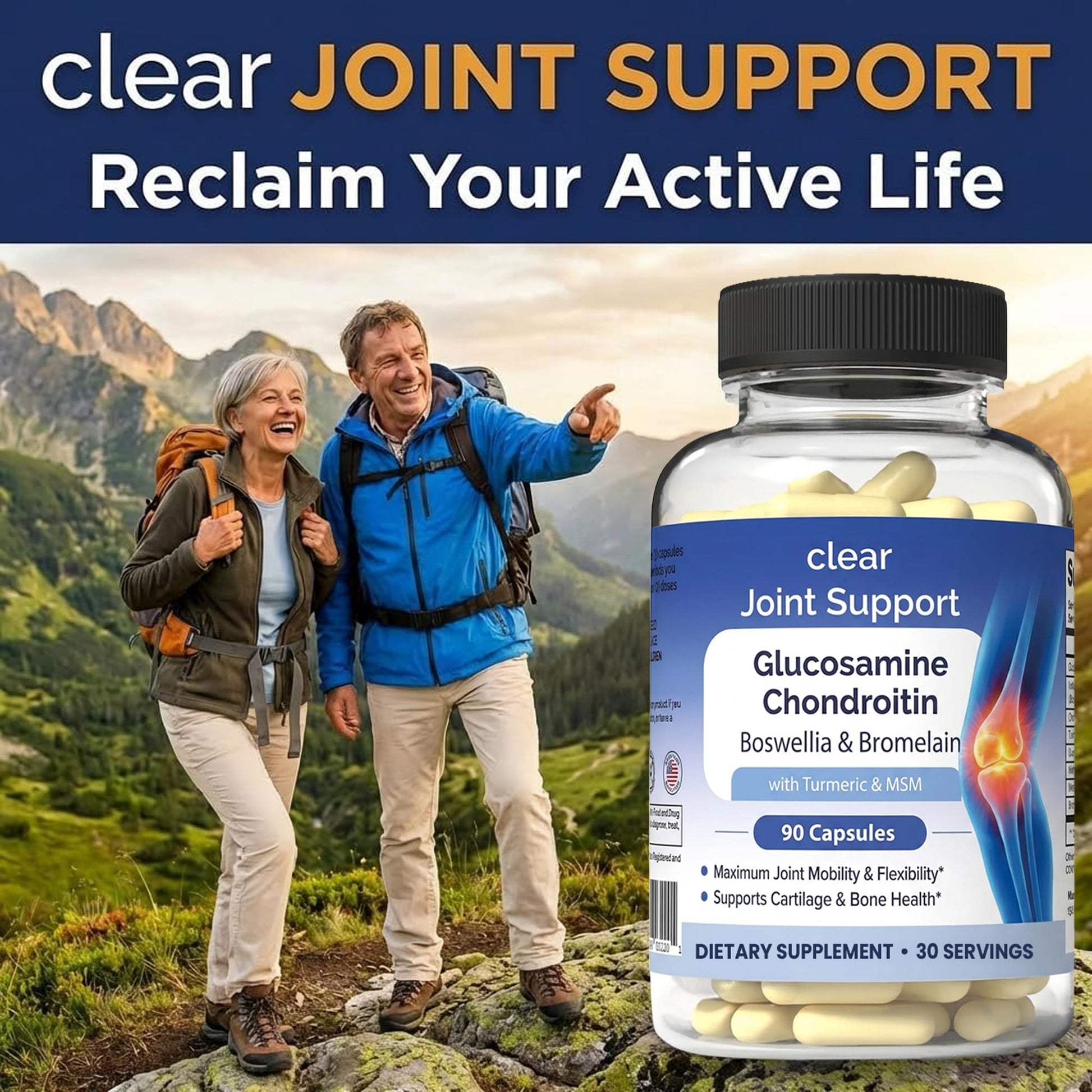 Clear Joint Support - 3-Month Supply | 3-Pack (270 Capsules) | Glucosamine Chondroitin MSM, Turmeric & Boswellia | Supports Knee, Hip & Back Health | Made in USA Clear Probiotics Au supplements