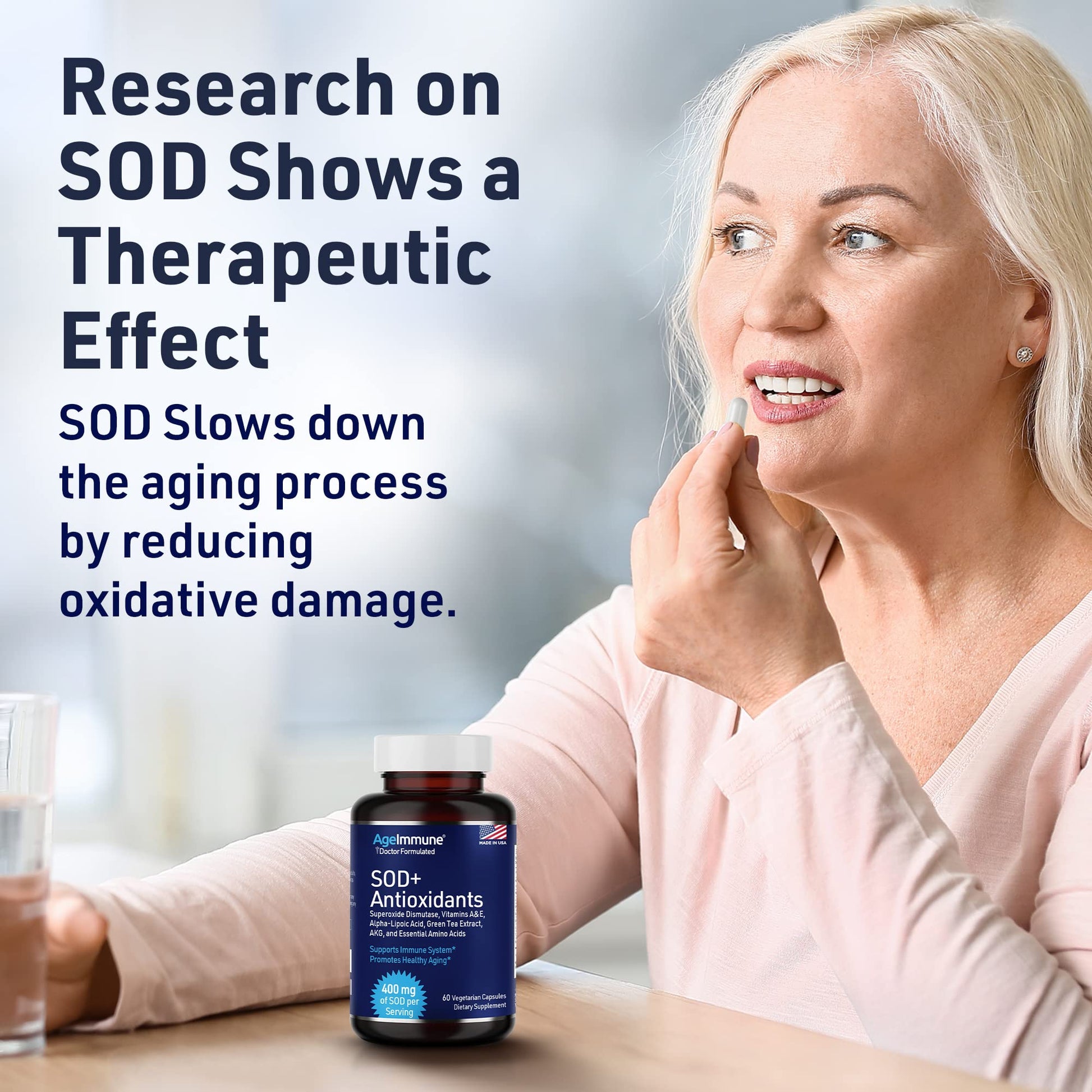SOD Antioxidants Complex Healthy Aging Supplement - 400mg of Superoxide Dismutase - Alpha Lipoic Acid - L-Arginine -Lysine - AKG - Vitamin A - Vitamin E for Immune Support-60 Capsules AgeImmune Au supplements