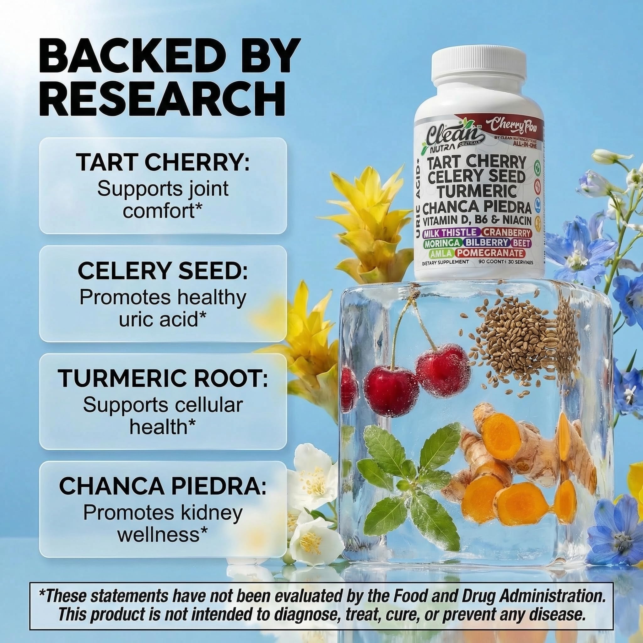 Cherry Flow Tart Cherry Capsules Uric Acid Support Celery Seed Turmeric Chanca Piedra Vitamin D Vitamin B6 Niacin Milk Thistle Moringa Extract Pomegranate Beets 90 Count By Clean Nutra Clean Nutraceuticals Au supplements