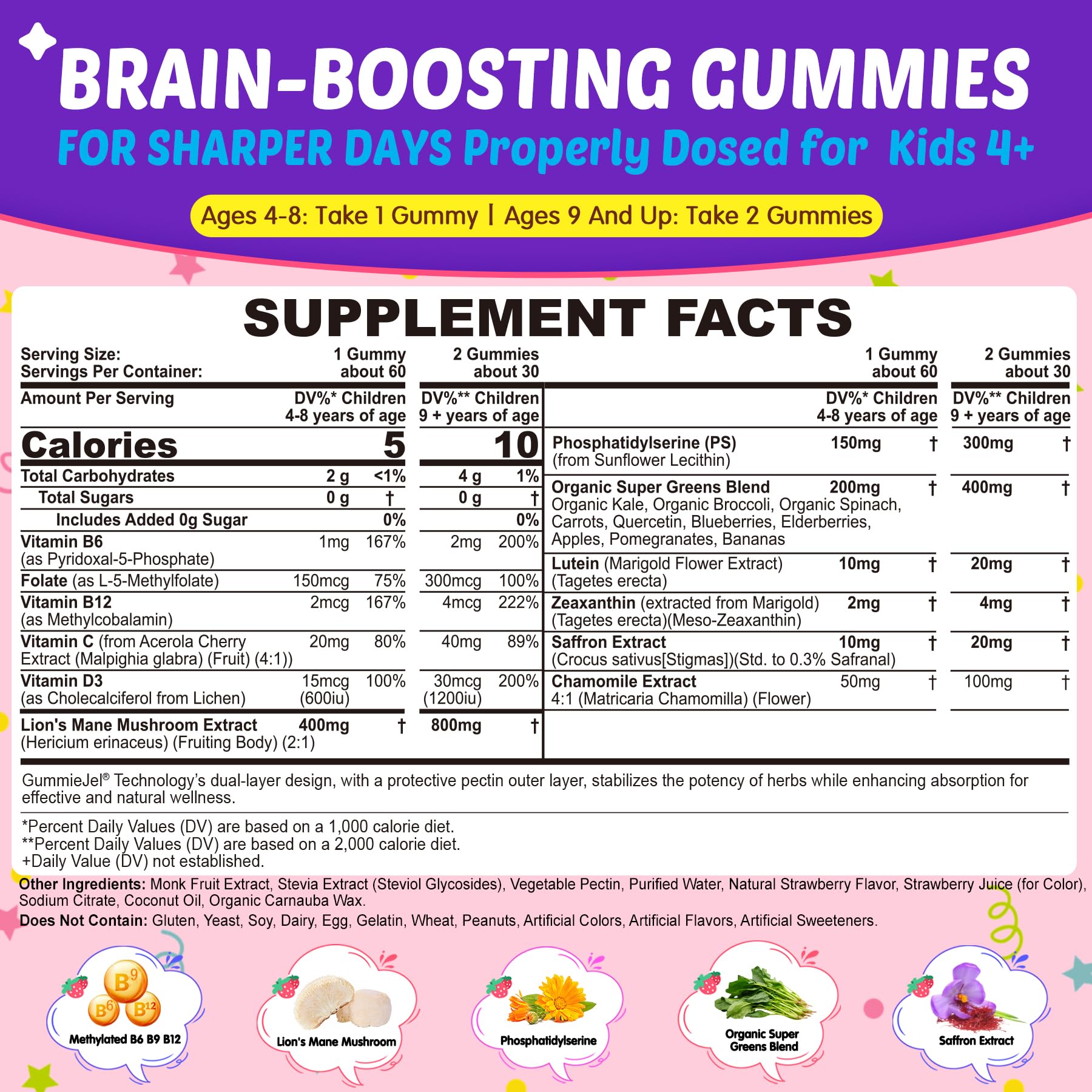Kids Brain Gummies with Lion's Mane Mushroom, Methyl B6, B9, B12, Supper Greens, Lutein, Brain Booster Supplement for Focus & Attention, Cognitive Function, Vision & Energy, Sugar Free, Vegan 2 Pack Nextdia Au supplements