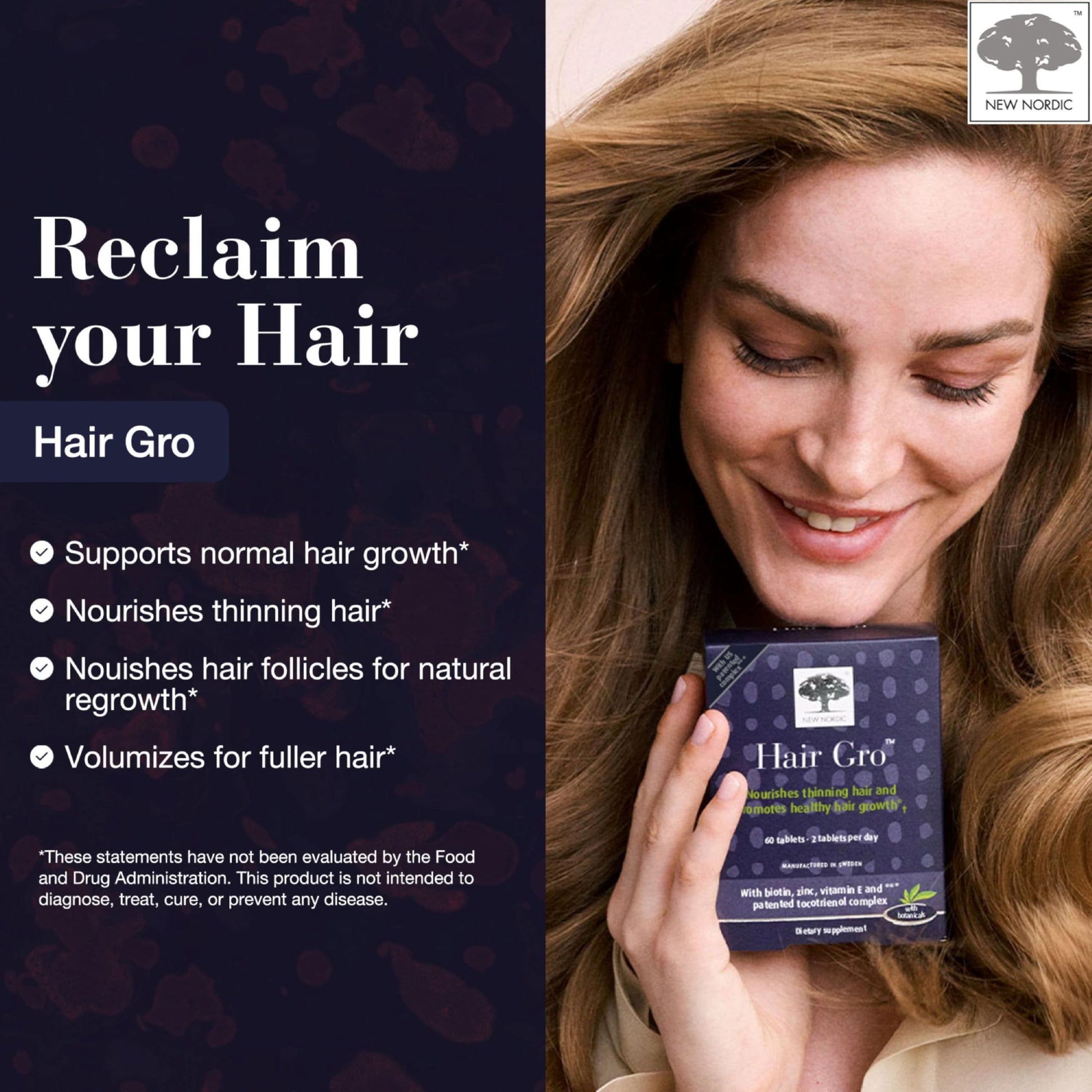 NEW NORDIC Hair GRO, Hair Growth Supplement, Biotin & Palm Fruit Extract Tocotrienols for Natural Regrowth, 60 Count (Pack of 3) NEW NORDIC Au supplements